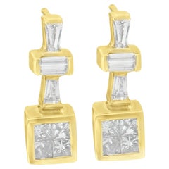 Boucles d'oreilles en or jaune 14K avec diamants baguettes et princesses de 1 1/3 carat