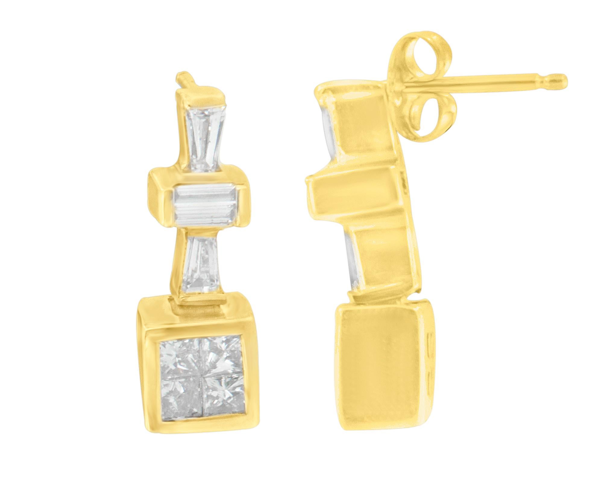 Taille baguette Créoles en or jaune 14 carats et diamants de 1 1/3 carat en vente