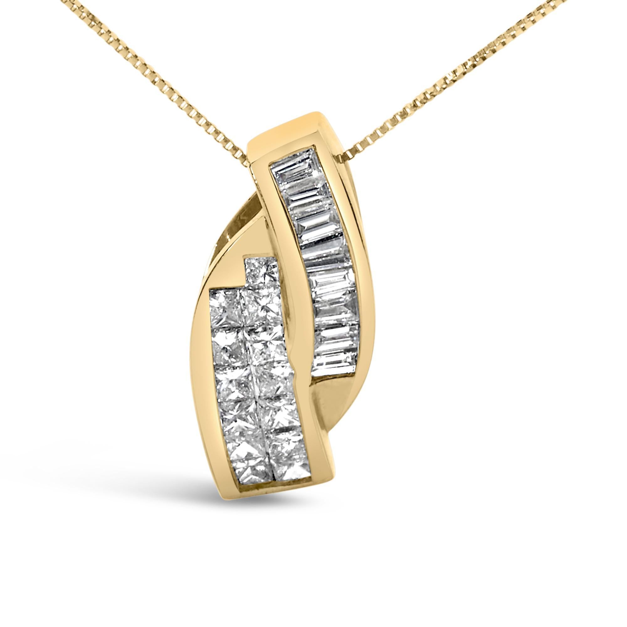 Conçu pour celles qui convoitent sophistication et éclat, ce pendentif en or jaune 14 carats est un mélange harmonieux de savoir-faire et d'allure. Avec son design distinctif à double courbure, il met en valeur la beauté immaculée des diamants de