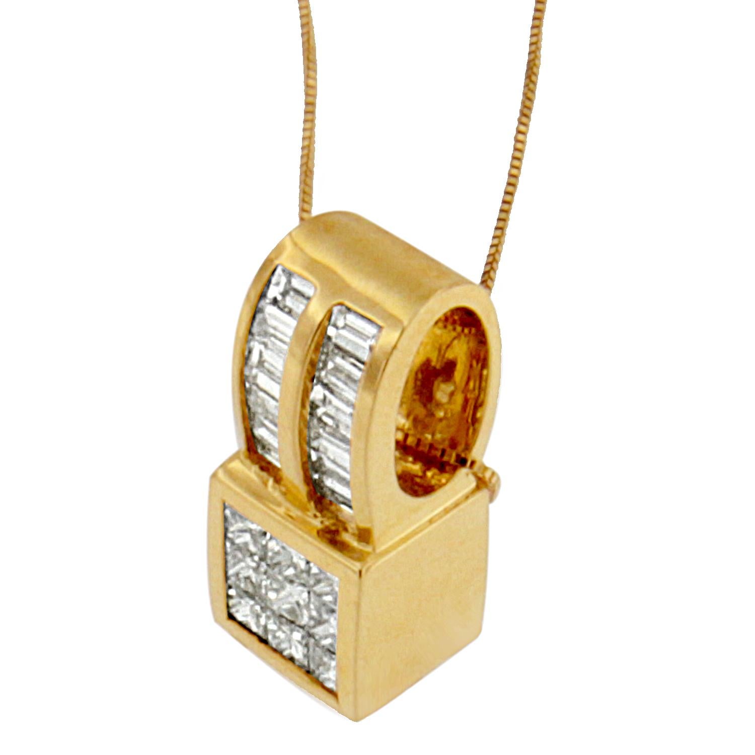 This polished 14k yellow gold pendant features a geometric design of 9 princess-cut diamonds topped by a vertical ribbon of channel-set baguettes. The simplicity and charm of this piece is sure to elevate even a plain white t-shirt to something