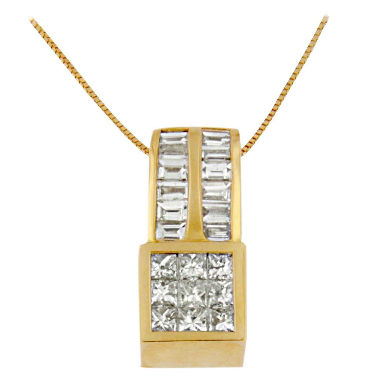 14K Yellow Gold 1 1/4 Carat Geometric Inspired Diamond Pendant Necklace For Sale