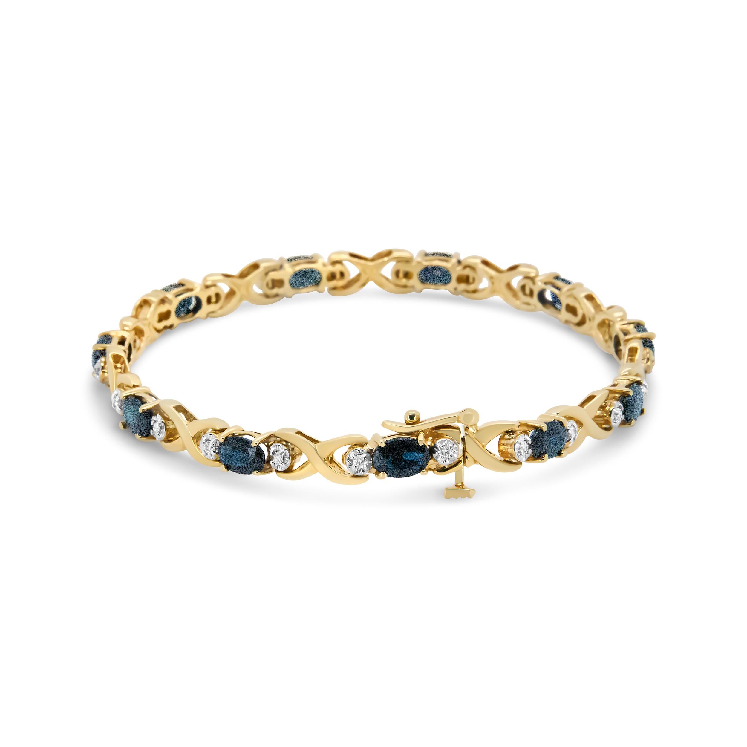 Masterfully set in a unique motif and illuminated with the sparkle of round diamonds, this gemstones in link bracelet are remarkable! Stunning 6x4mm oval blue sapphires show off their brilliance, accompanied by flanking diamonds in prong settings,