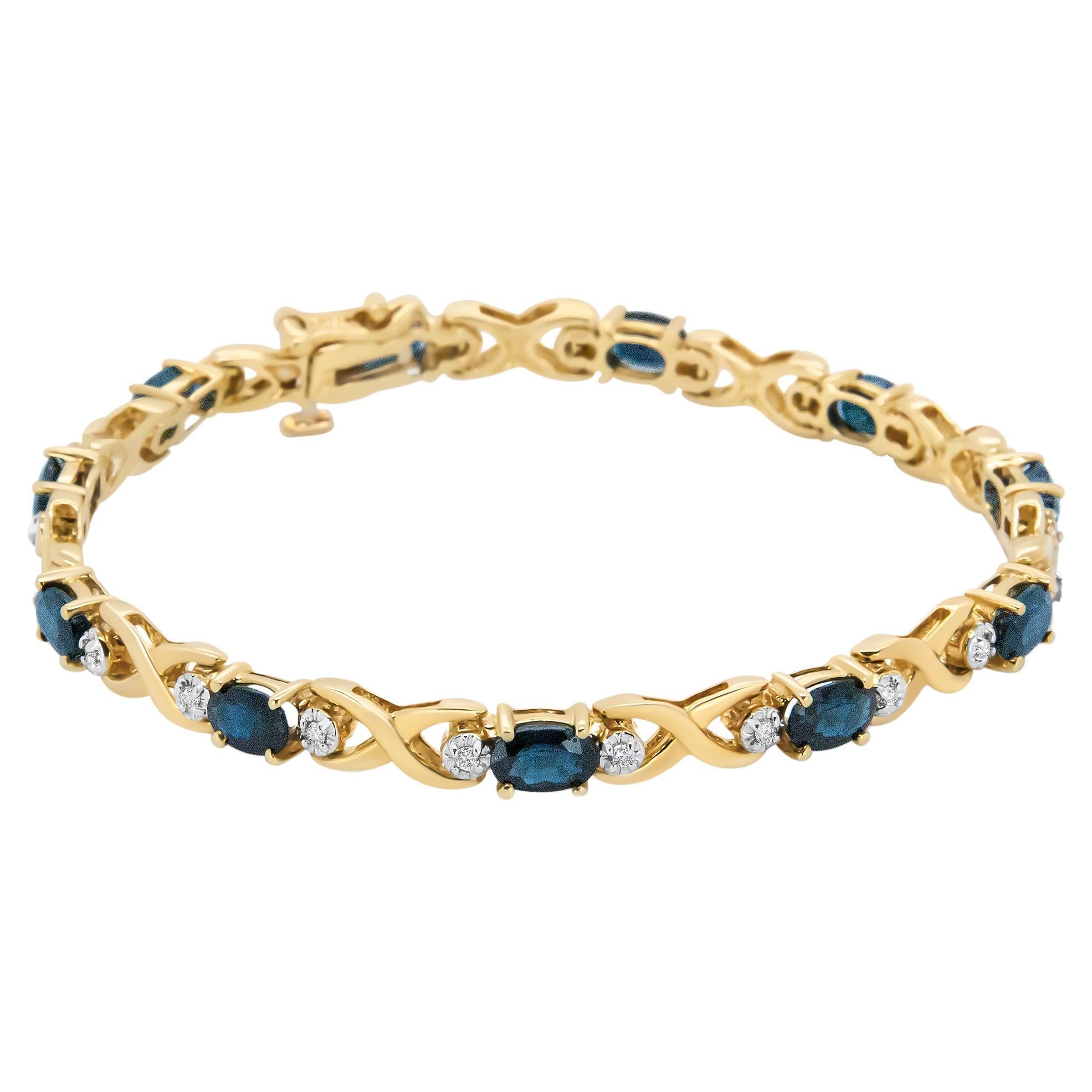 14K Yellow Gold 1 1/4 Carat Round Diamond and Blue Sapphire "X" Link Bracelet