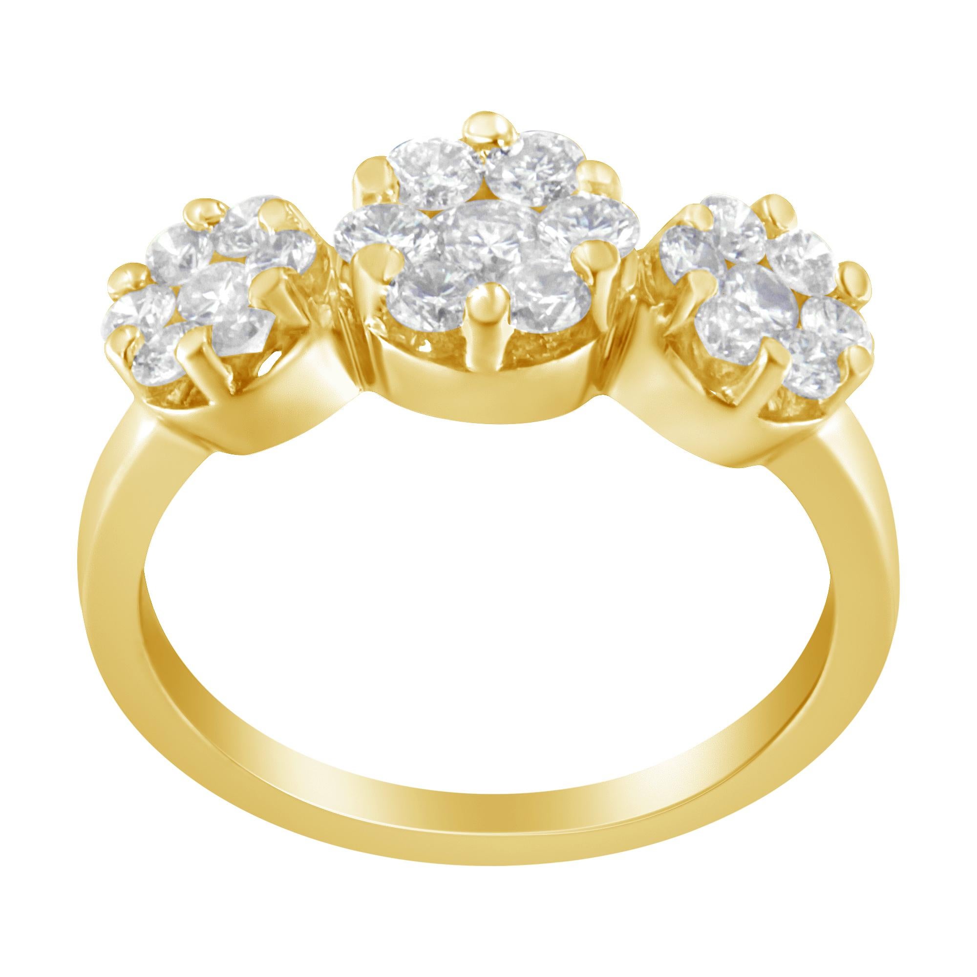 Elegant and timeless, this 14K yellow gold diamond cocktail ring features 1.25 carat total weight of diamonds with 21 individual stones. The fashion ring features three round, floral clusters side by side with seven diamonds each in shared prong
