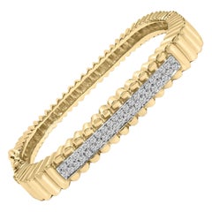 14K Yellow Gold 1 1/4 Cttw Diamond Ribbed Rounded Rectangle Bangle Bracelet