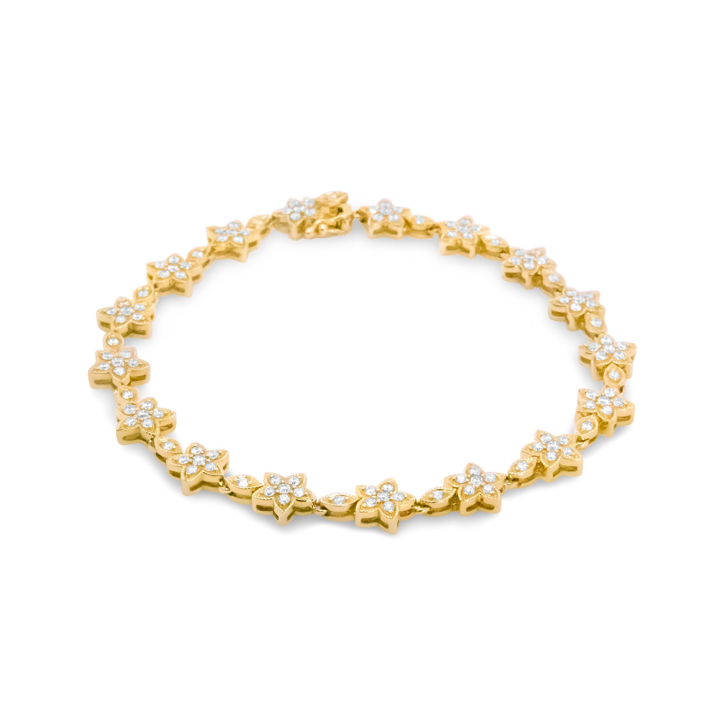 Round Cut 14K Yellow Gold 1 1/5 Carat Round Diamond Floral Star-Shaped Link Bracelet For Sale