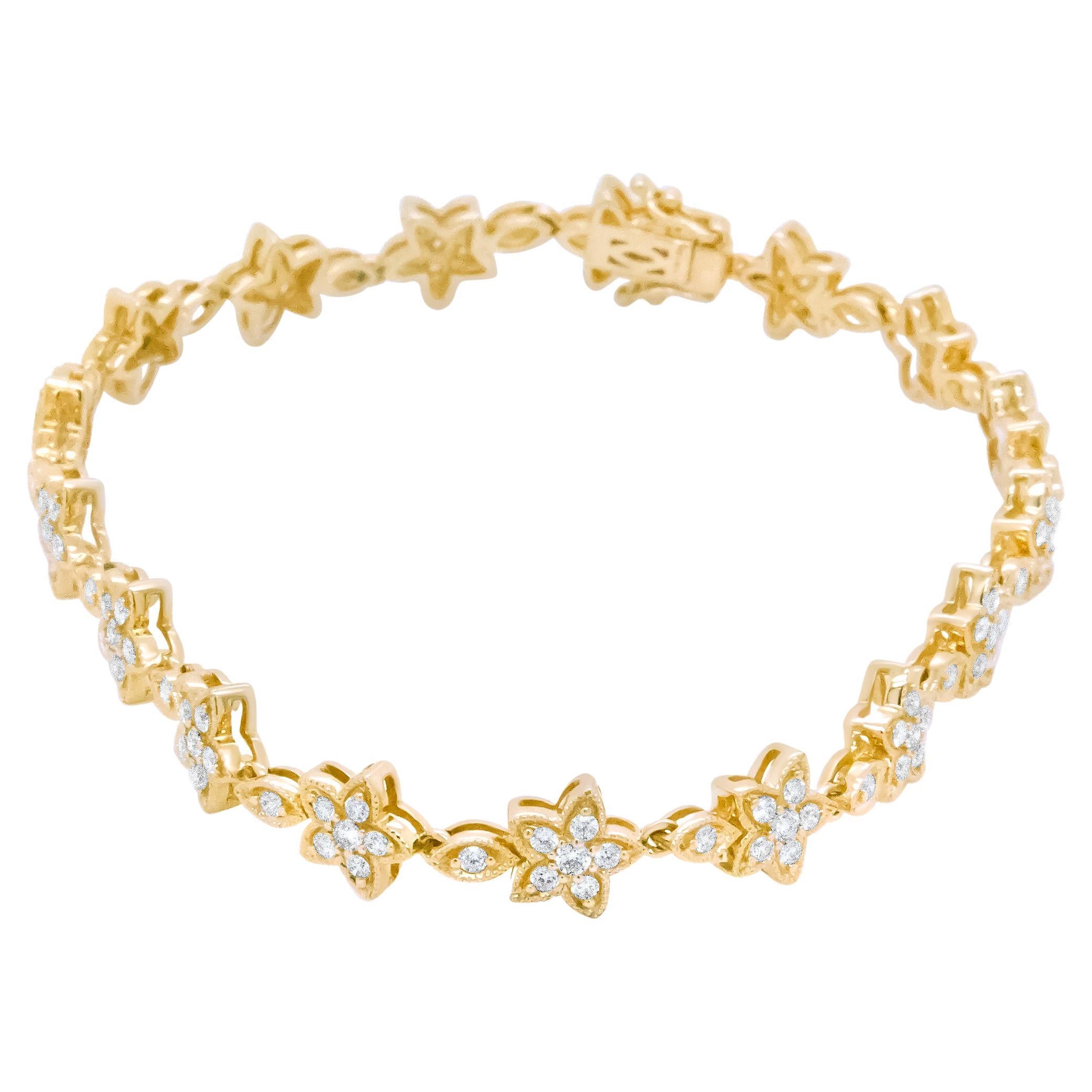 Bracelet à maillons en or jaune 14 carats avec fleurs en forme d'étoile et diamants ronds de 1 1/5 carat