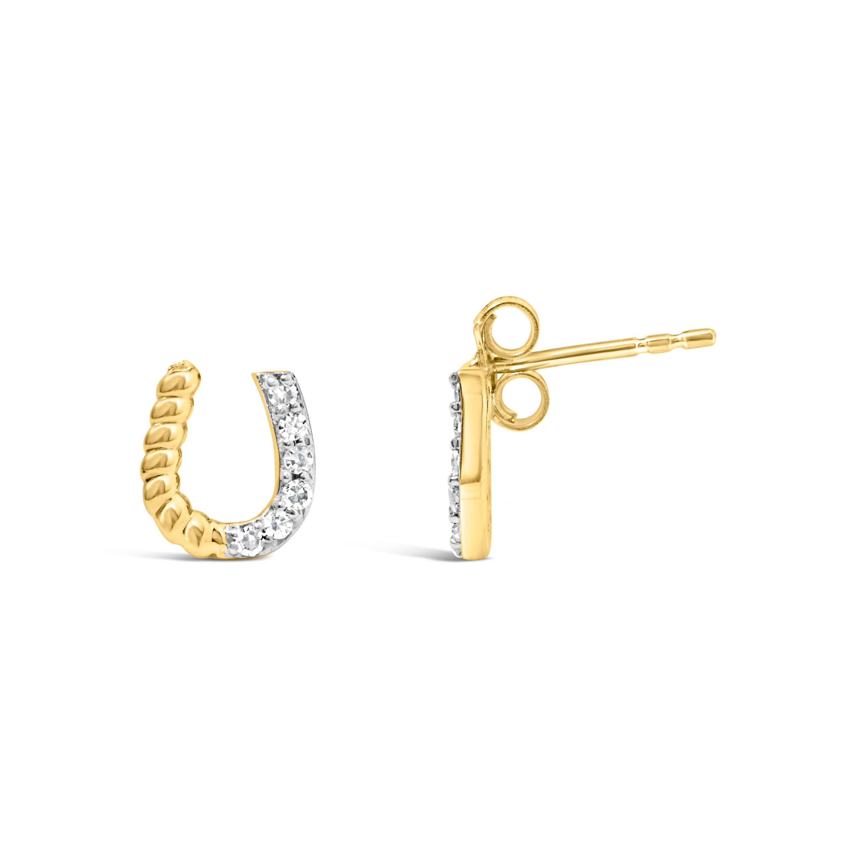 Contemporary 14K Yellow Gold 1/10 Carat Diamond and Braided Horseshoe Stud Earrings For Sale