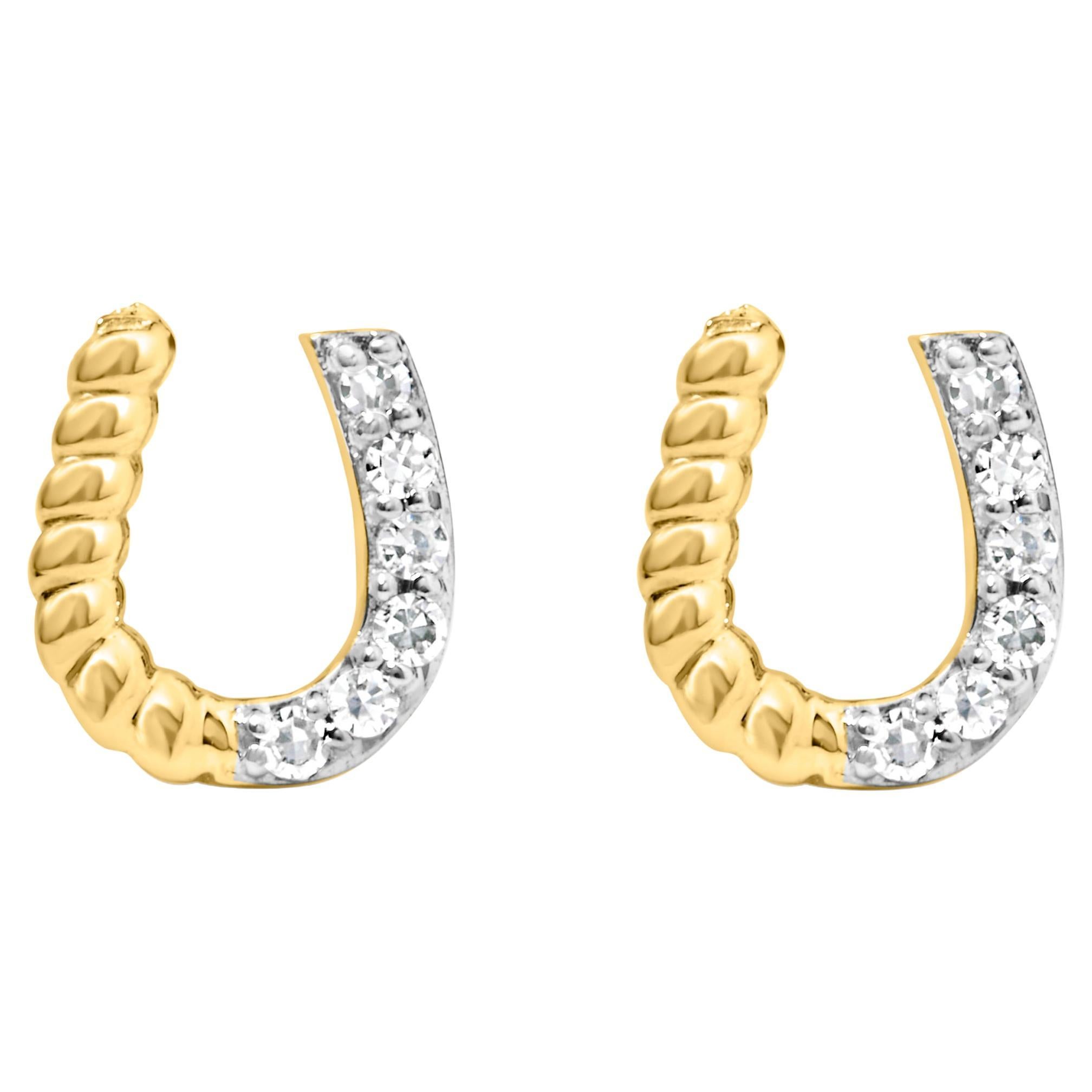 14K Yellow Gold 1/10 Carat Diamond and Braided Horseshoe Stud Earrings For Sale