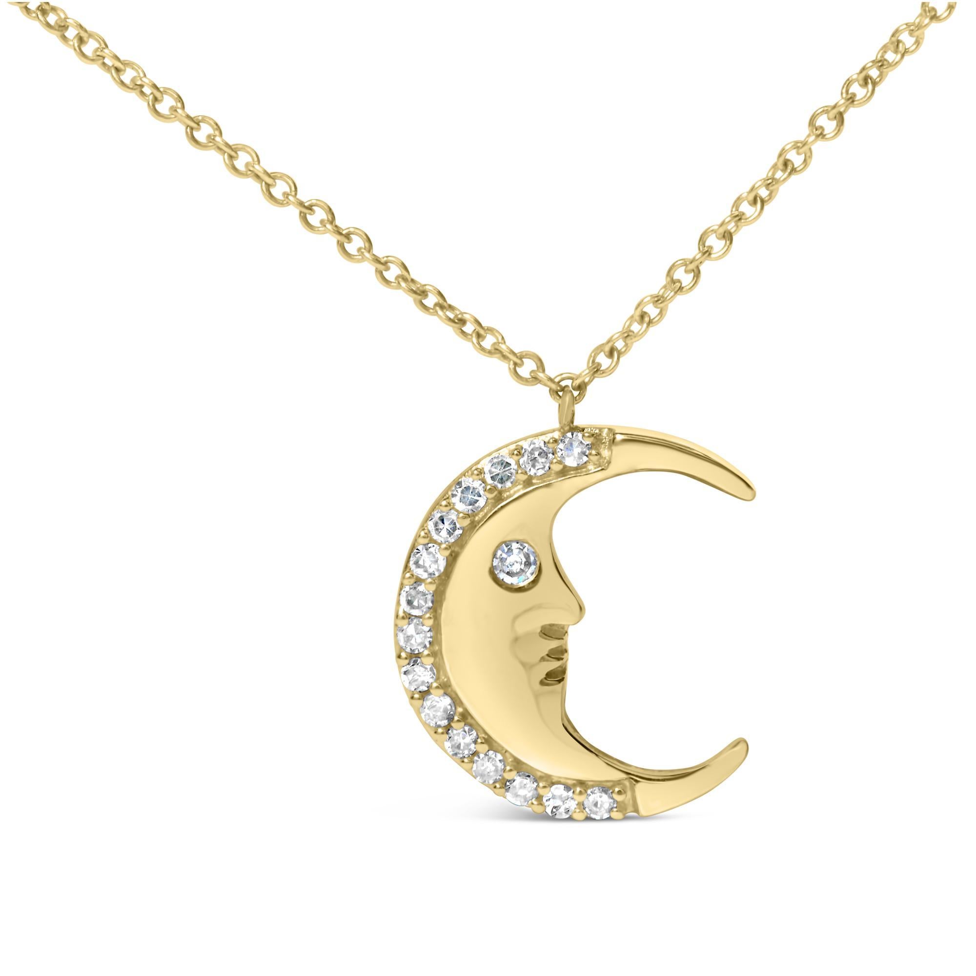 Unveil celestial elegance with the enchanting crescent moon necklace, meticulously sculpted from 14k yellow gold. This piece captures the mystique of the night sky, featuring a beautifully detailed man on the moon, whose singular diamond eye