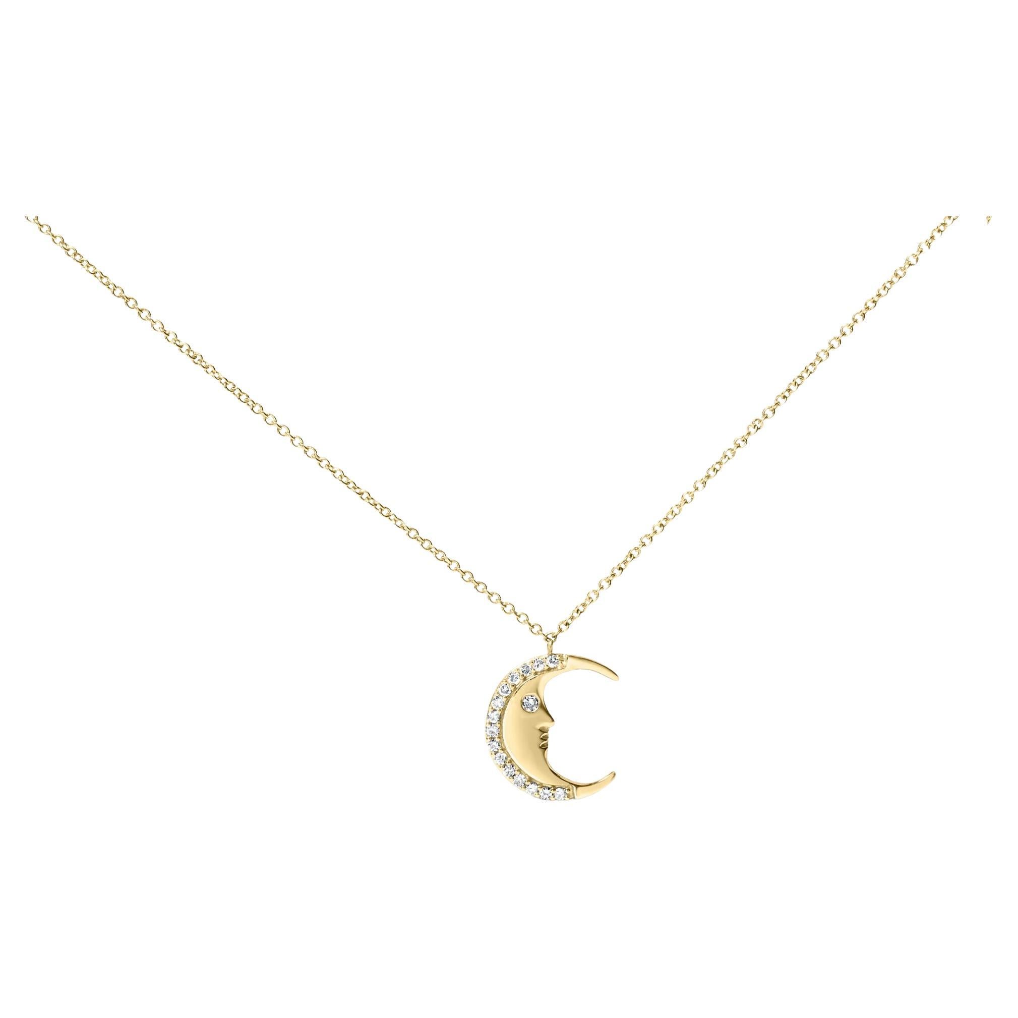 14K Yellow Gold 1/10 Cttw Diamond Crescent Man on the Moon 18" Pendant Necklace For Sale