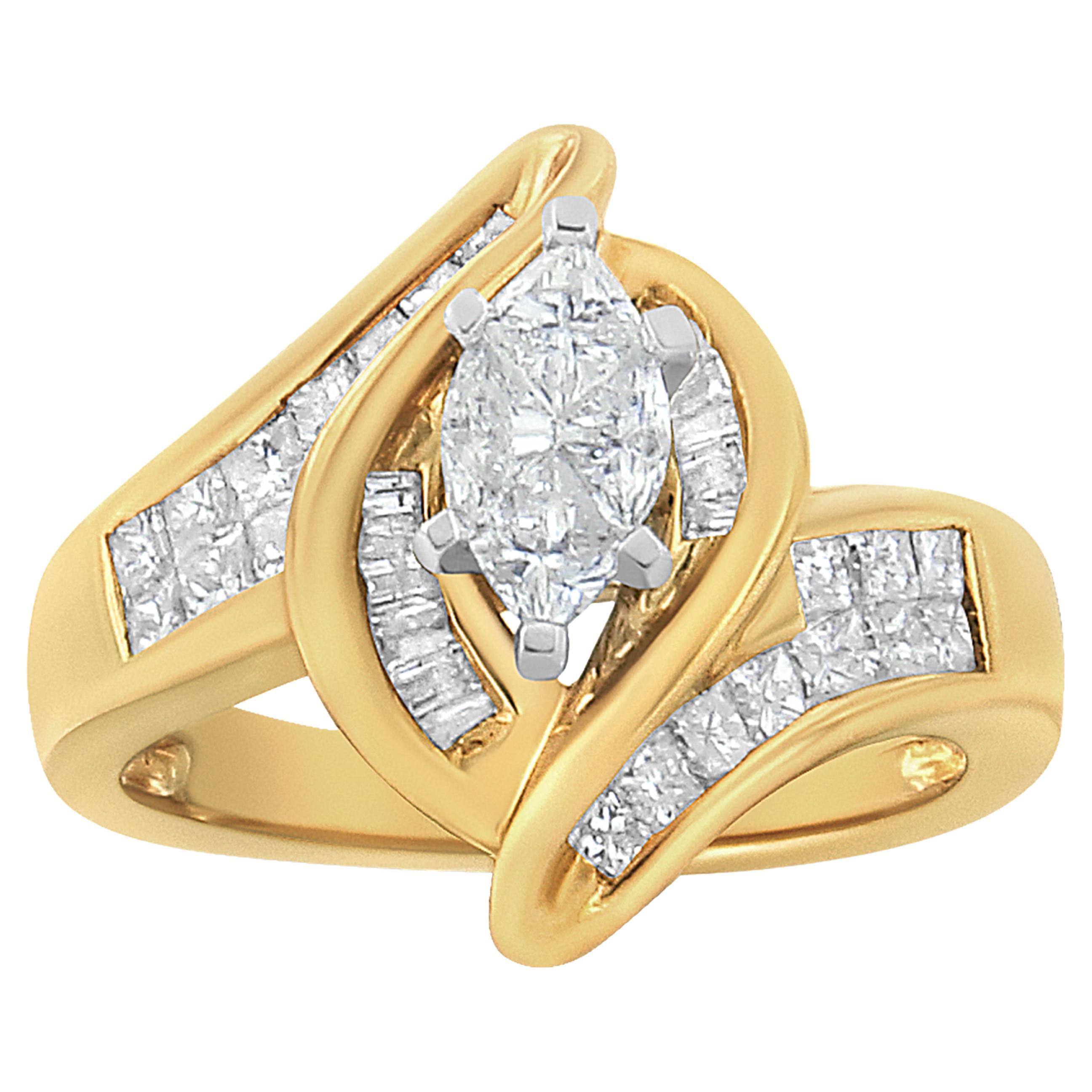 14K Yellow Gold 1 ¼ Carat Princess, Baguette & Pie Diamond Marquise Shaped Ring For Sale