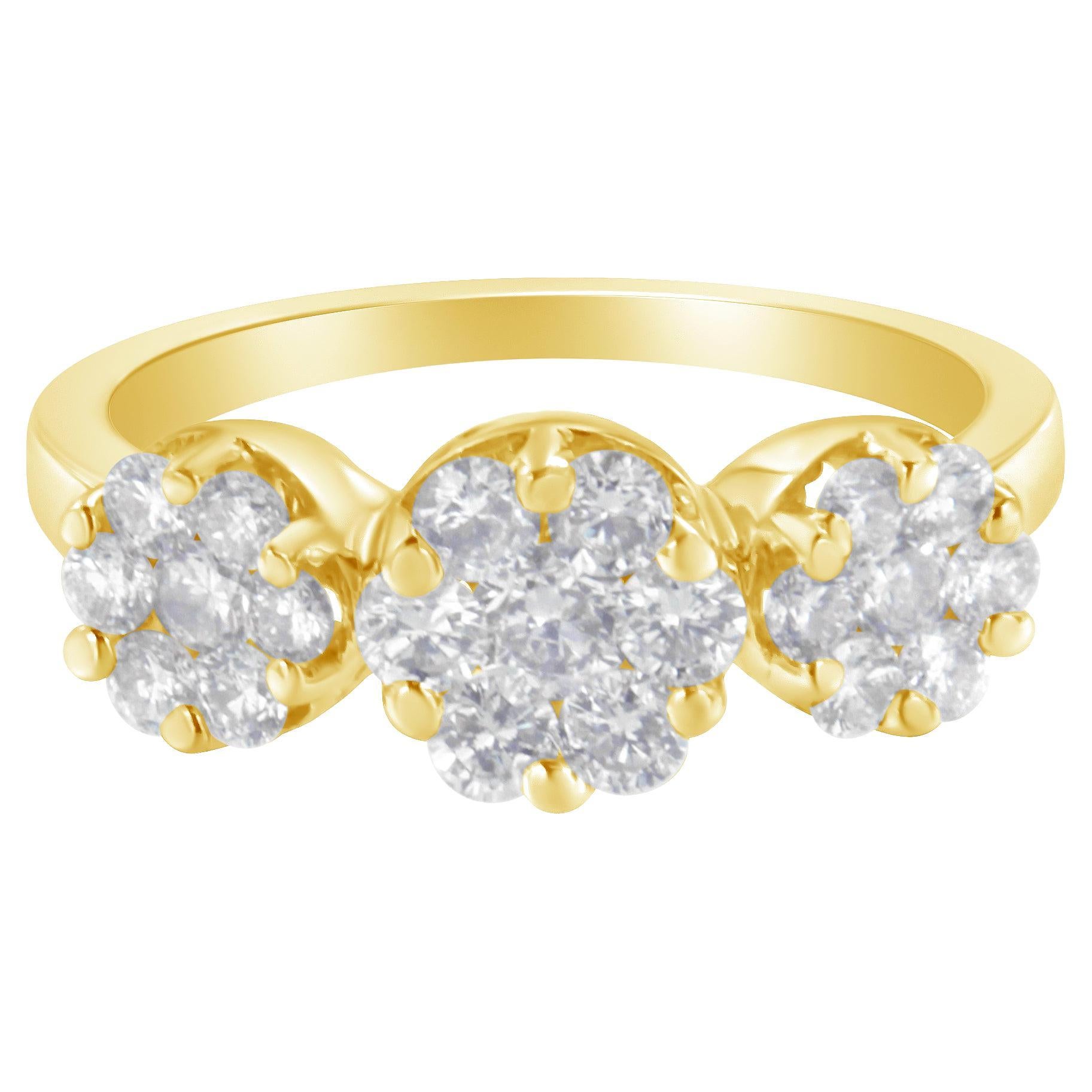 14K Yellow Gold 1 ¼ Carat Three Round Floral Clusters Diamond Ring