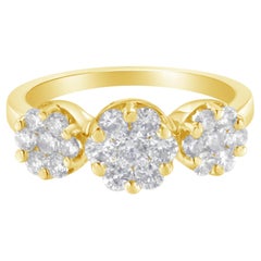 14K Yellow Gold 1 ¼ Carat Three Round Floral Clusters Diamond Ring