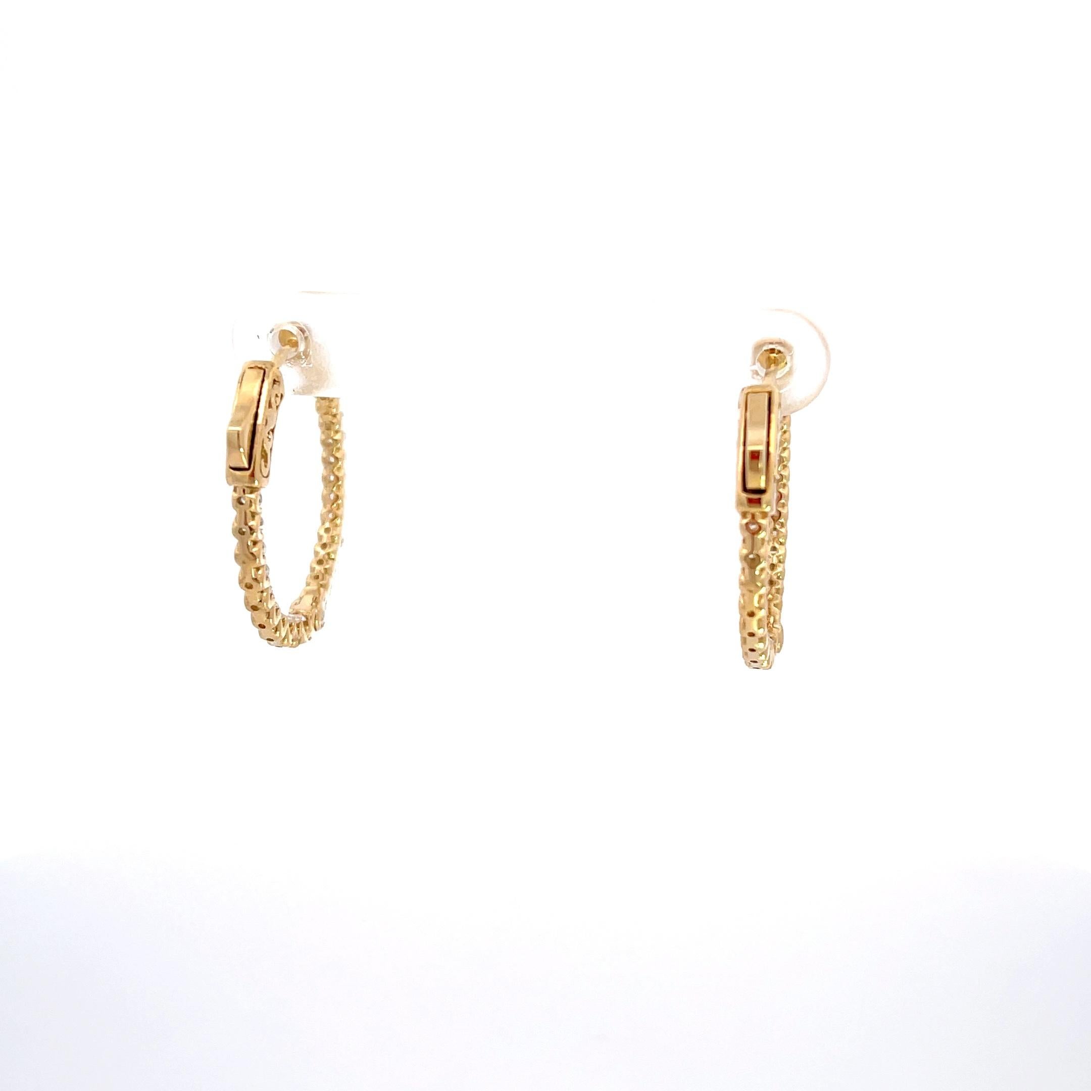 Round Cut 14K Yellow Gold 1/1ctw Diamond In and Out Hoop Earrings For Sale