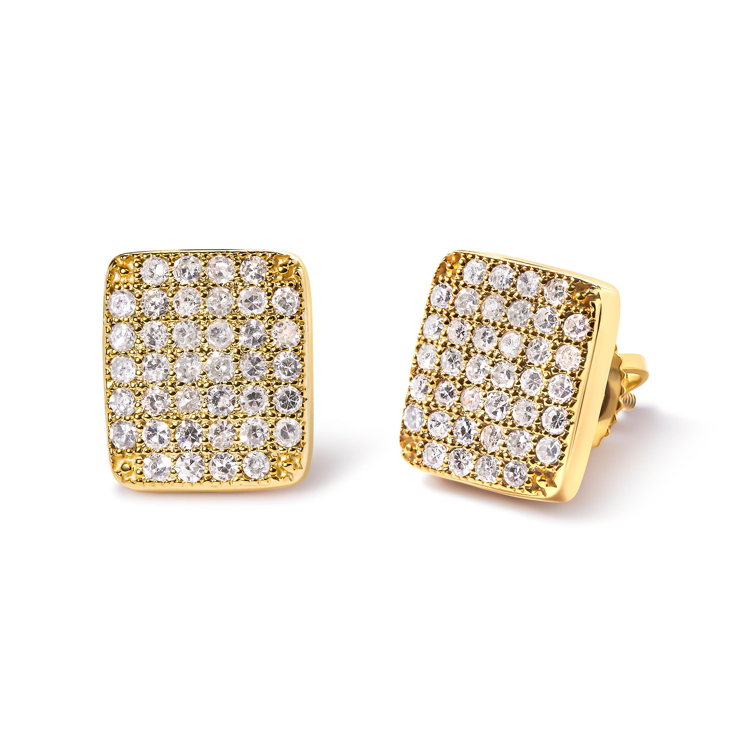 Indulge in the ultimate luxury with these 14K Yellow Gold Diamond Square Shaped Composite Cluster Stud Earrings. Crafted with natural diamonds, these earrings boast 76 round diamonds with a total weight of 0.50 cttw. The diamonds are set in a prong