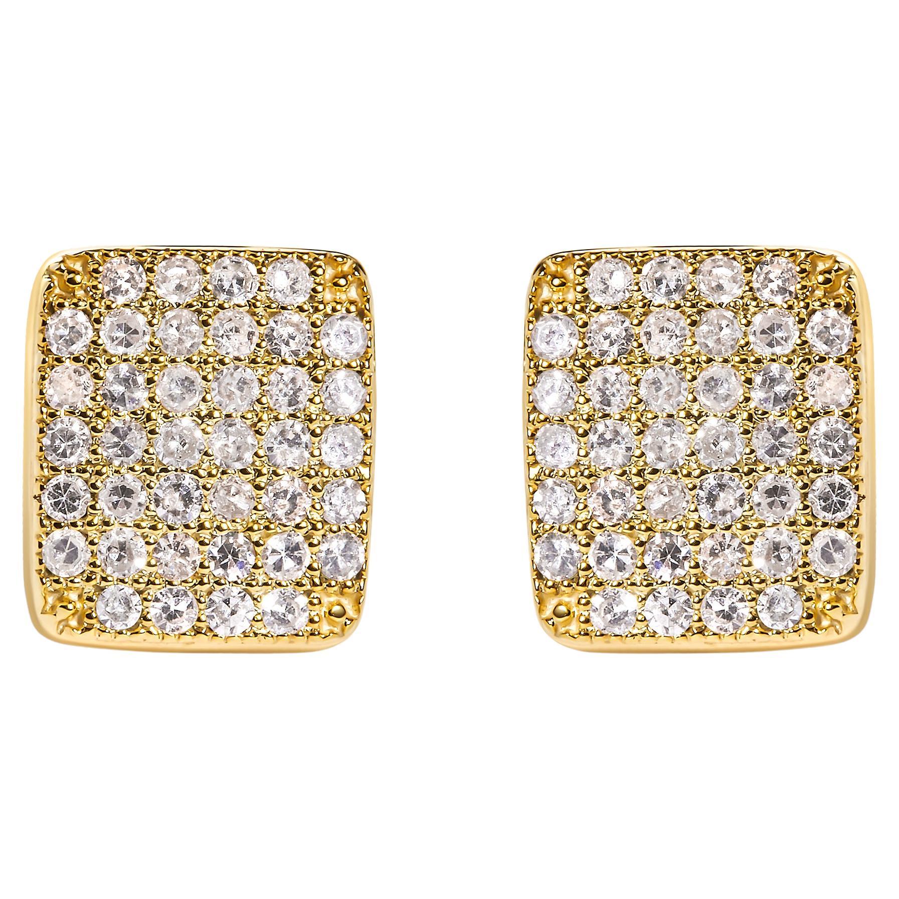 14K Yellow Gold 1/2 Carat Diamond Square Shaped Composite Cluster Stud Earrings  For Sale