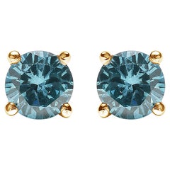 14k Yellow Gold 1/2 Carat Aqua Blue Diamond Screw-Back Classic Stud Earrings