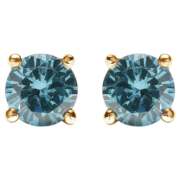 Boucles d'oreilles classiques en or jaune 14K avec diamant bleu aqua de 1/2  carat et fermoir à vis En vente sur 1stDibs