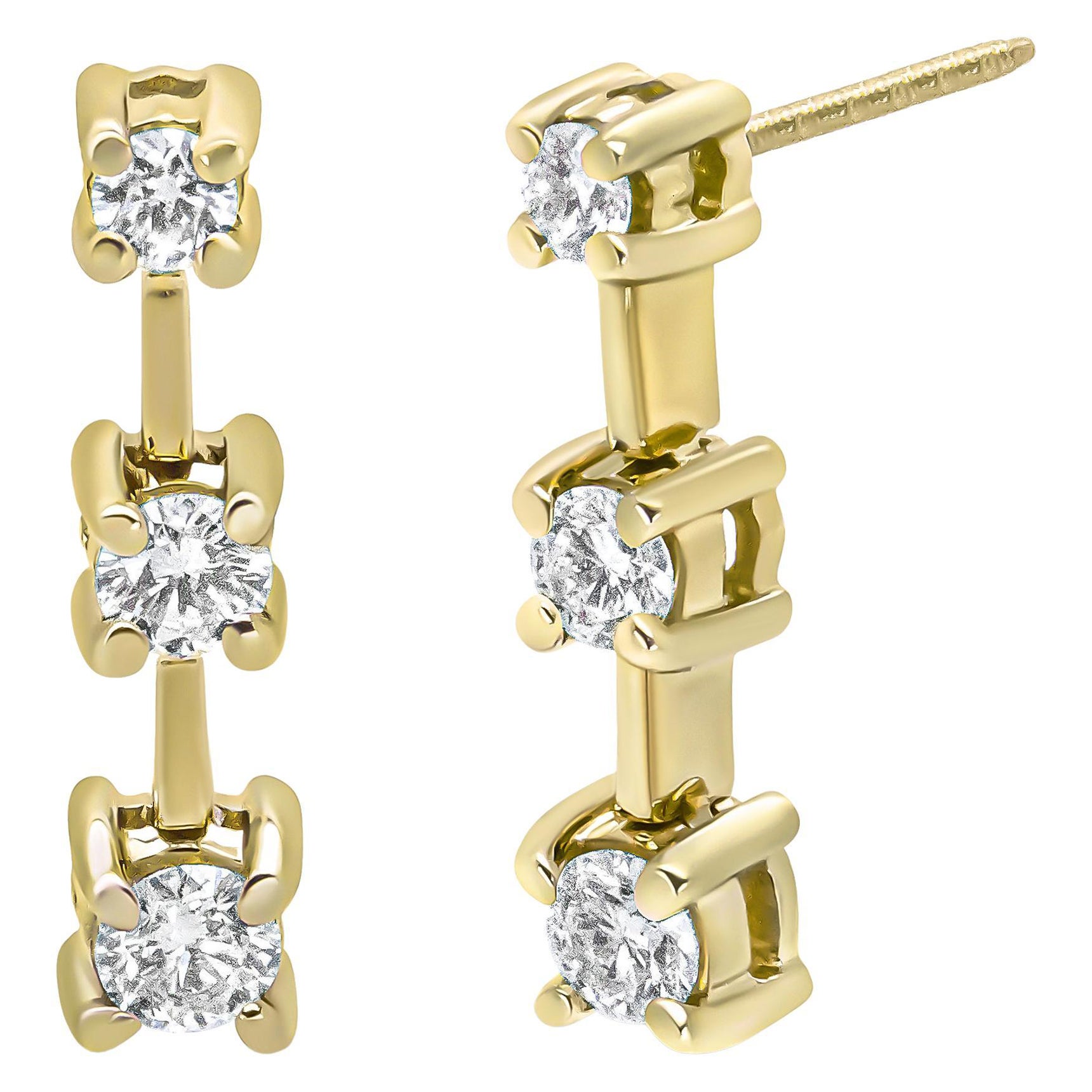 14K Gelbgold 1/2 Karat Diamant 3 Stein abgestufte lineare Tropfen-Ohrstecker im Angebot
