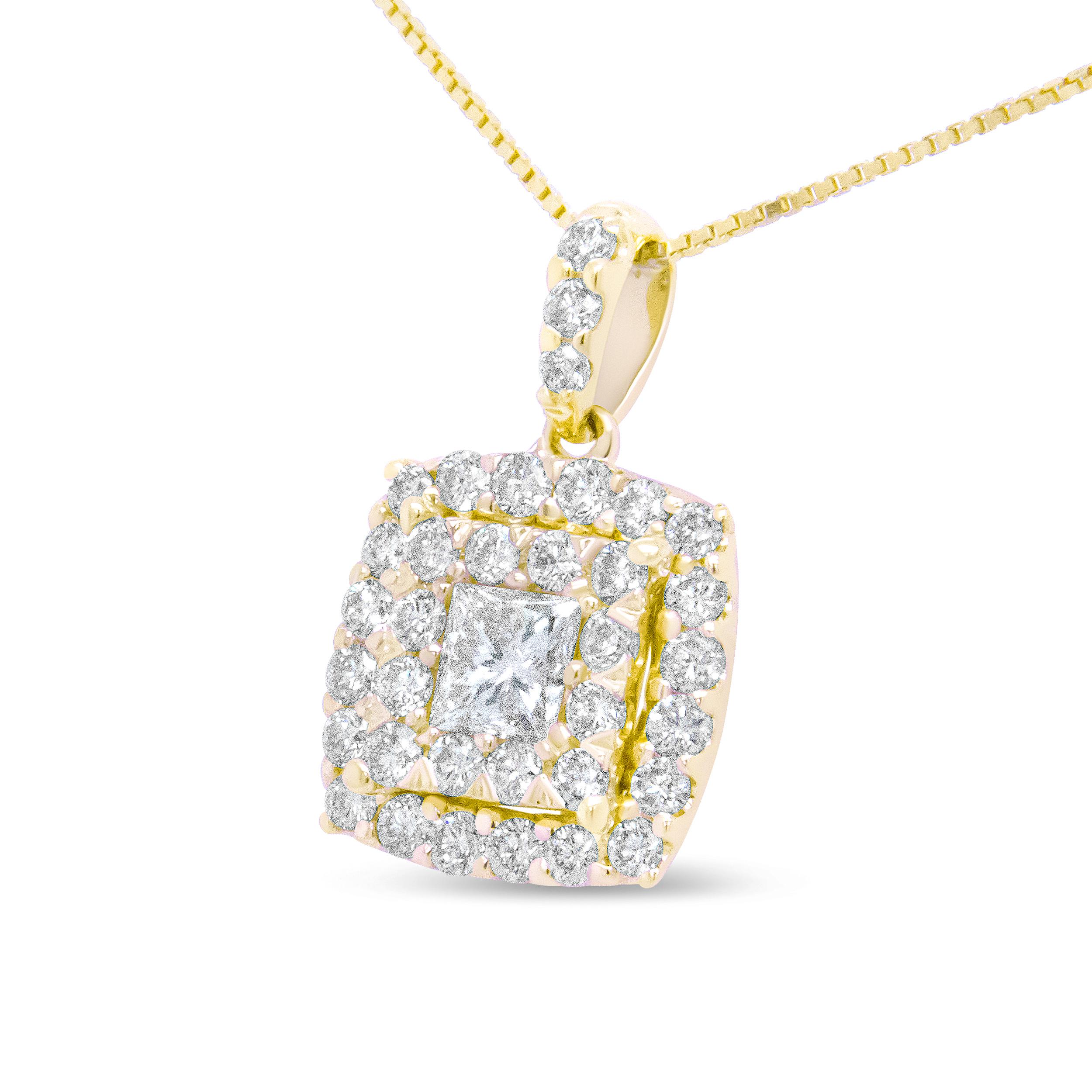This diamond pendant necklace is a shining addition to any wardrobe selection. Crafted in 14k yellow gold, this splendorous piece showcases a brilliant, princess-cut diamond cradles in a prong setting and framed by a double halo of marvelous round