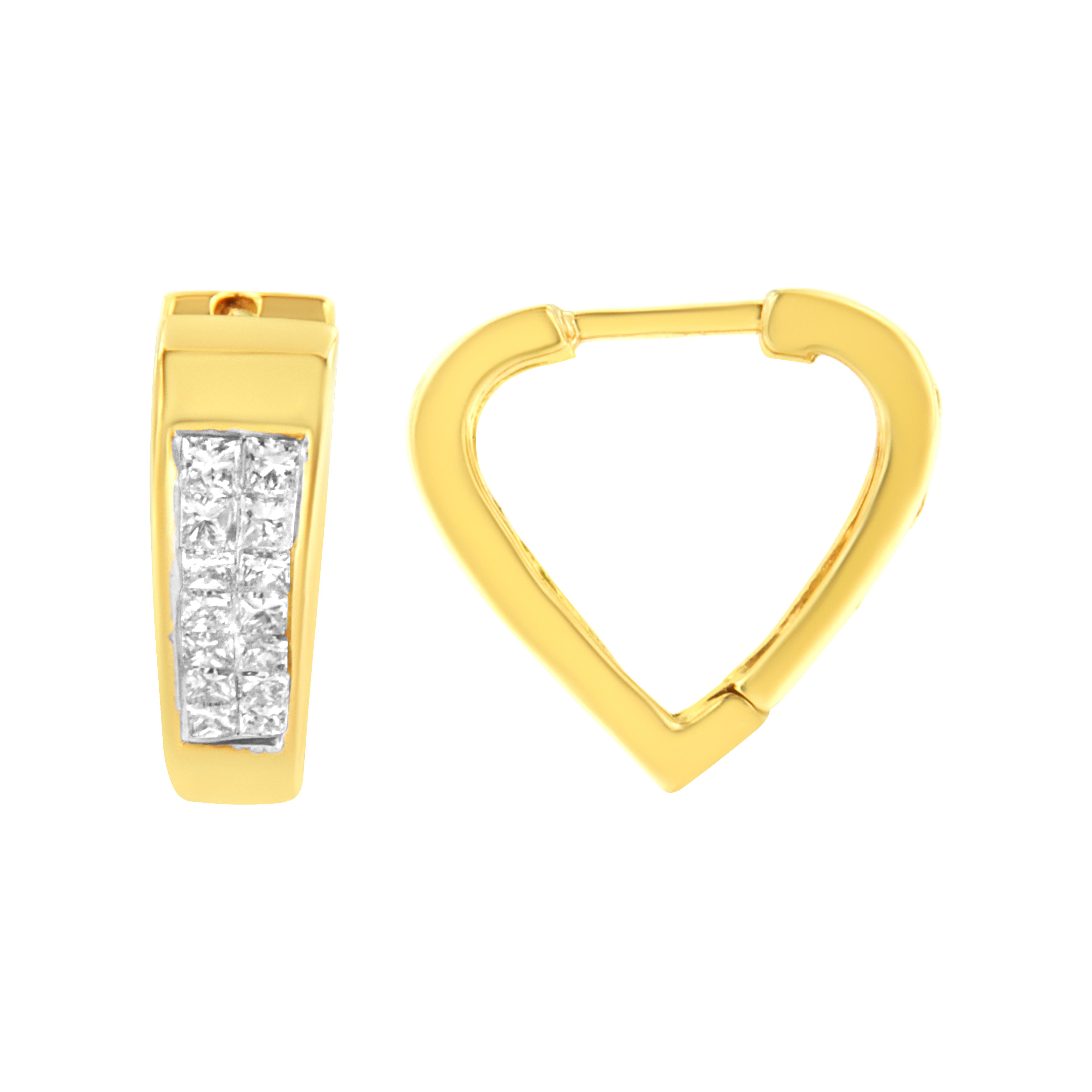 These petite and trendy diamond huggy earrings are the perfect gift for any loved one. Created in 14k yellow gold, this beautiful piece has heart-shaped designs etched into it's base. With a total diamond weight of 1/2 ct., these hoops showcase