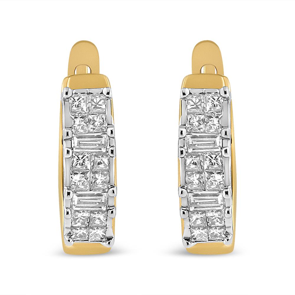 These striking 14k yellow gold diamond U hoop earrings sparkle with 1/2ct TDW of baguette and princess cut diamonds. 4 princess cut diamonds set together create the illusion of a larger diamond. 3 of these clusters alternate with baguette cut
