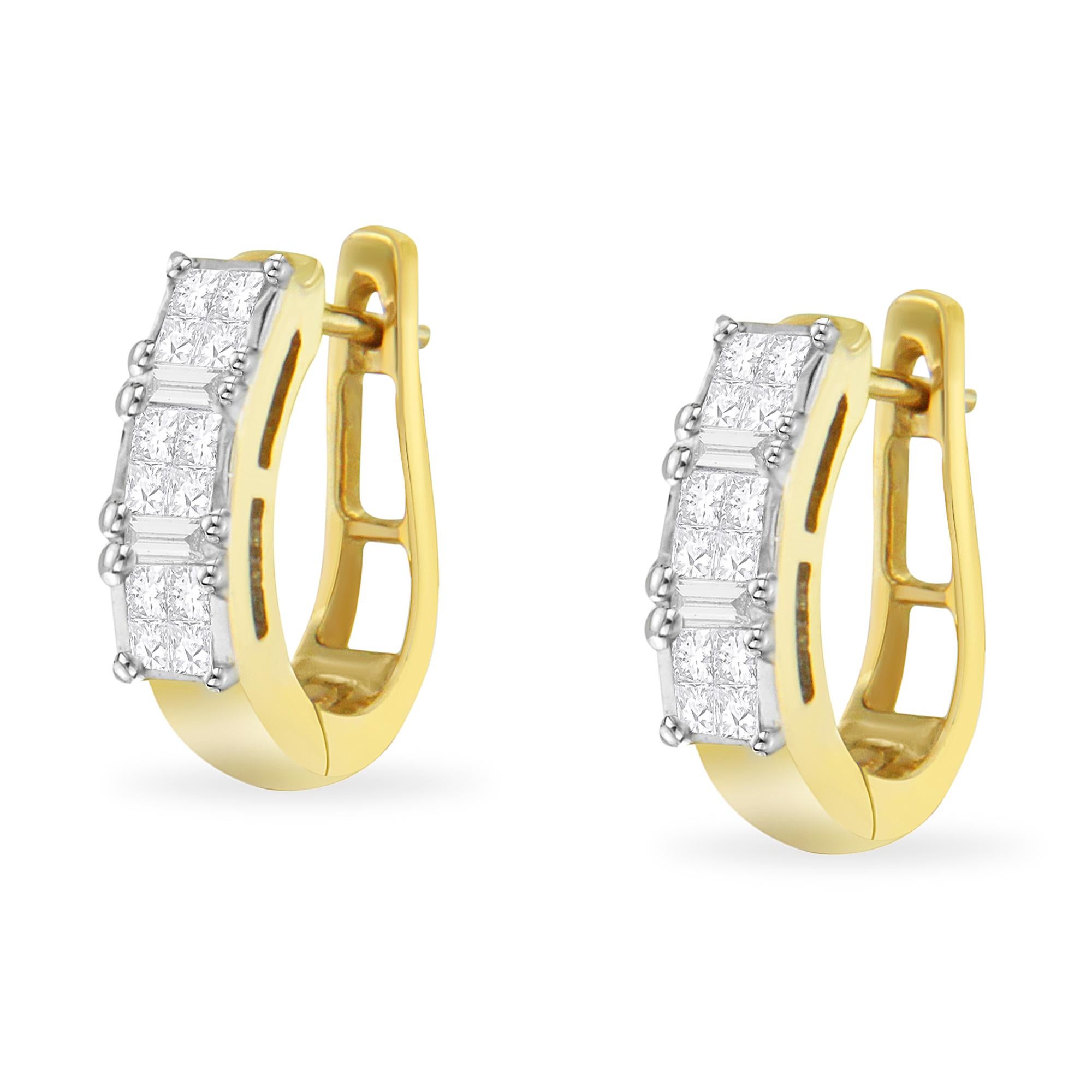 Princess Cut 14K Yellow Gold 1/2 Carat Diamond Invisible-Set U-Hoop Earrings