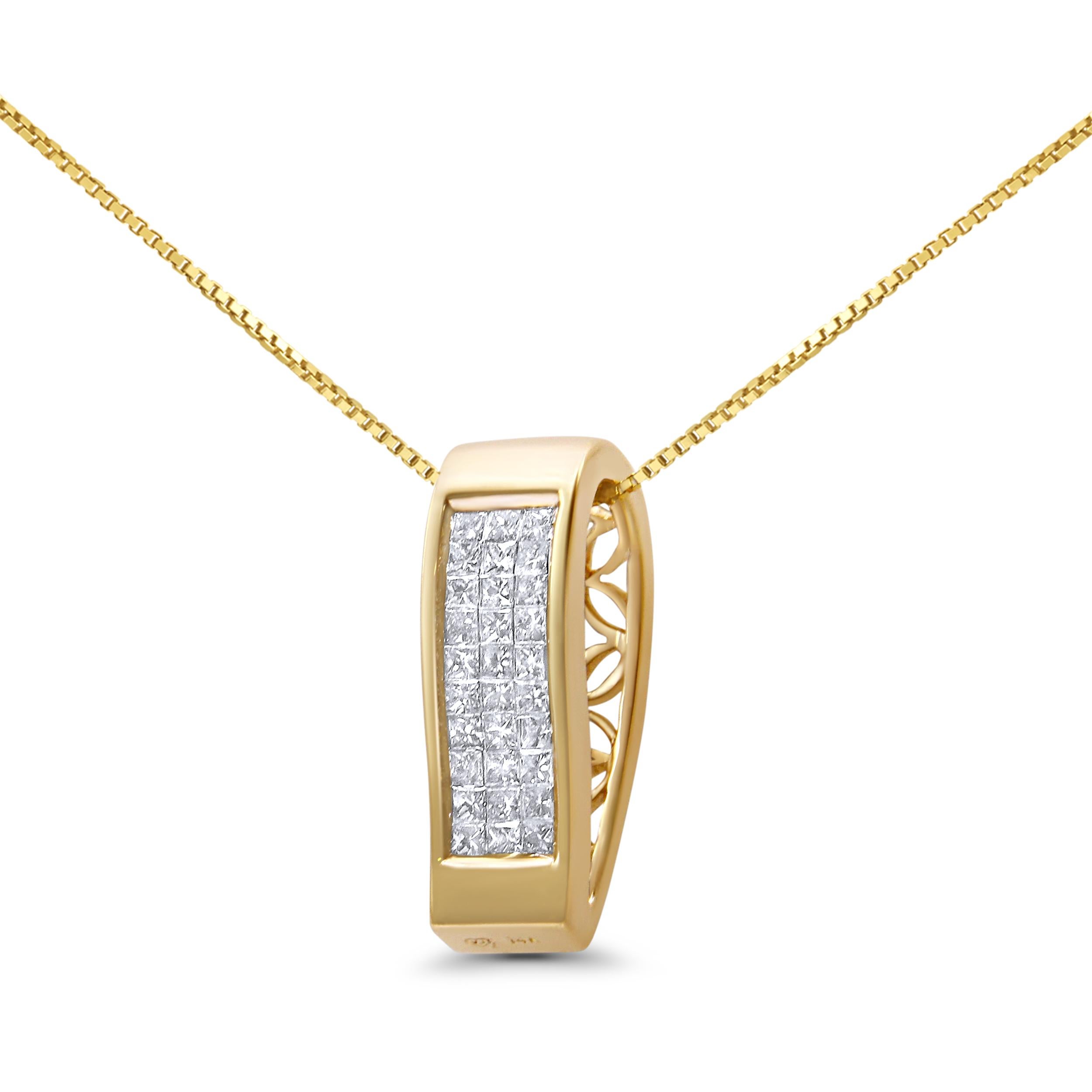 Created in a modern, contemporary design, this diamond vertical bar block pendant necklace radiates class and glamour. The minimalist bar block profile is juxtaposed by glamorous, linear princess cut diamonds in an invisible setting that perfectly
