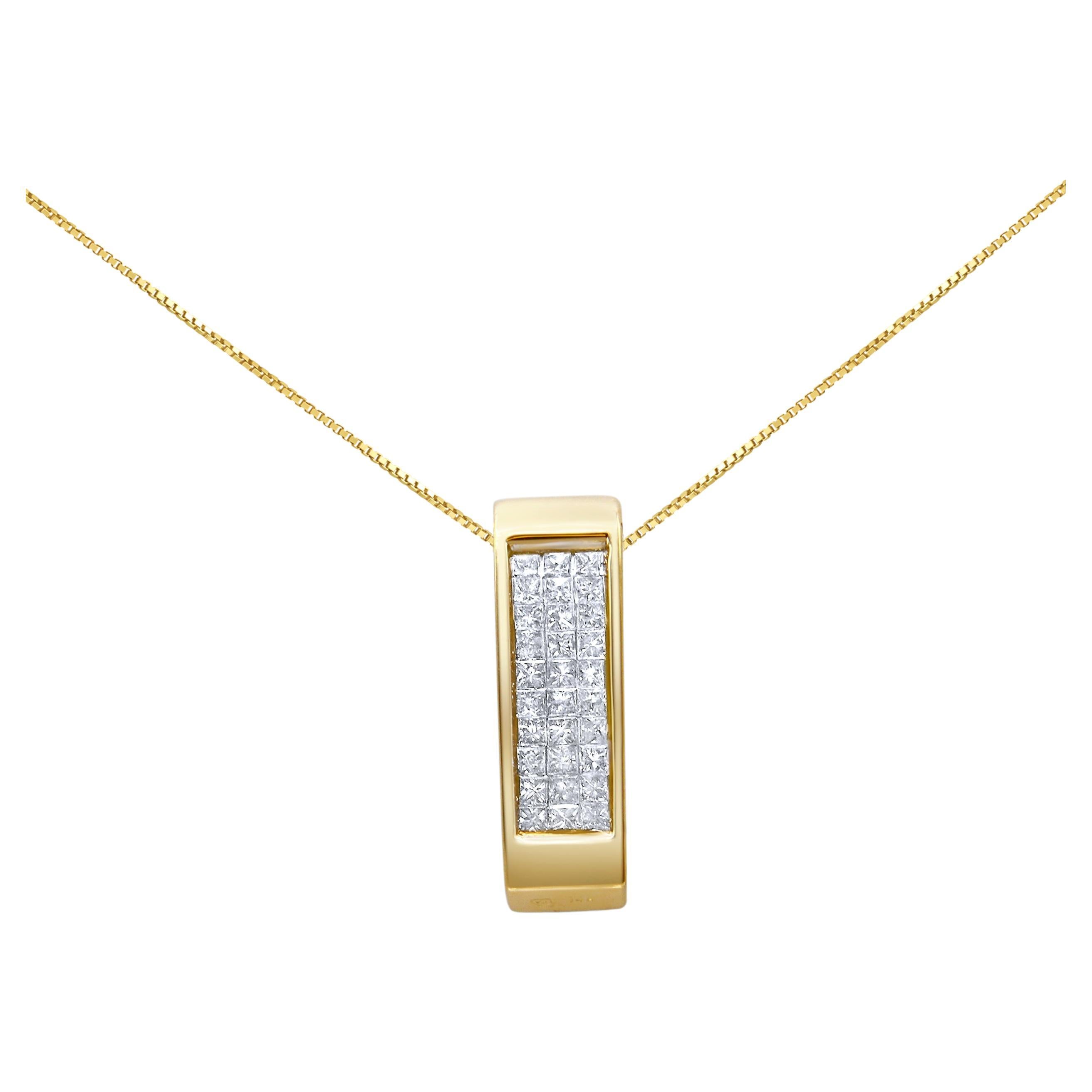 14K Yellow Gold 1/2 Carat Diamond Vertical Bar Block Pendant Necklace For Sale