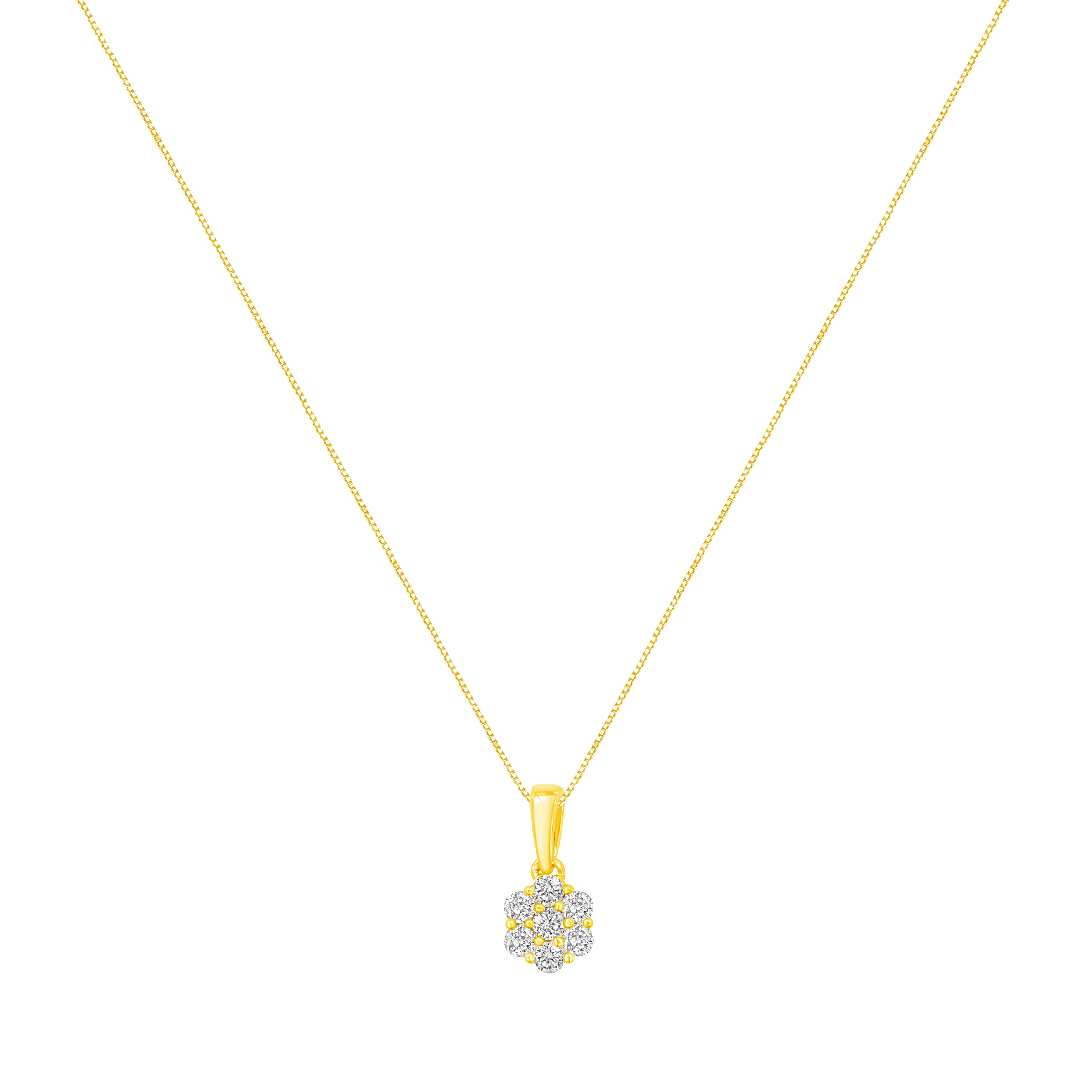 This stunning floral cluster pendant is designed with 7 natural, round-cut diamonds in a glistening prong setting. Designed in warm 14k yellow gold, this necklace boasts 1/2 ct tdw. This is the perfect accessory for any night out.

'Video Available