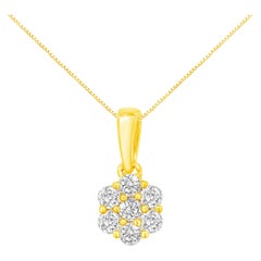 14K Yellow Gold 1/2 Carat Round-Cut 7 Stone Diamond Flower Pendant Necklace