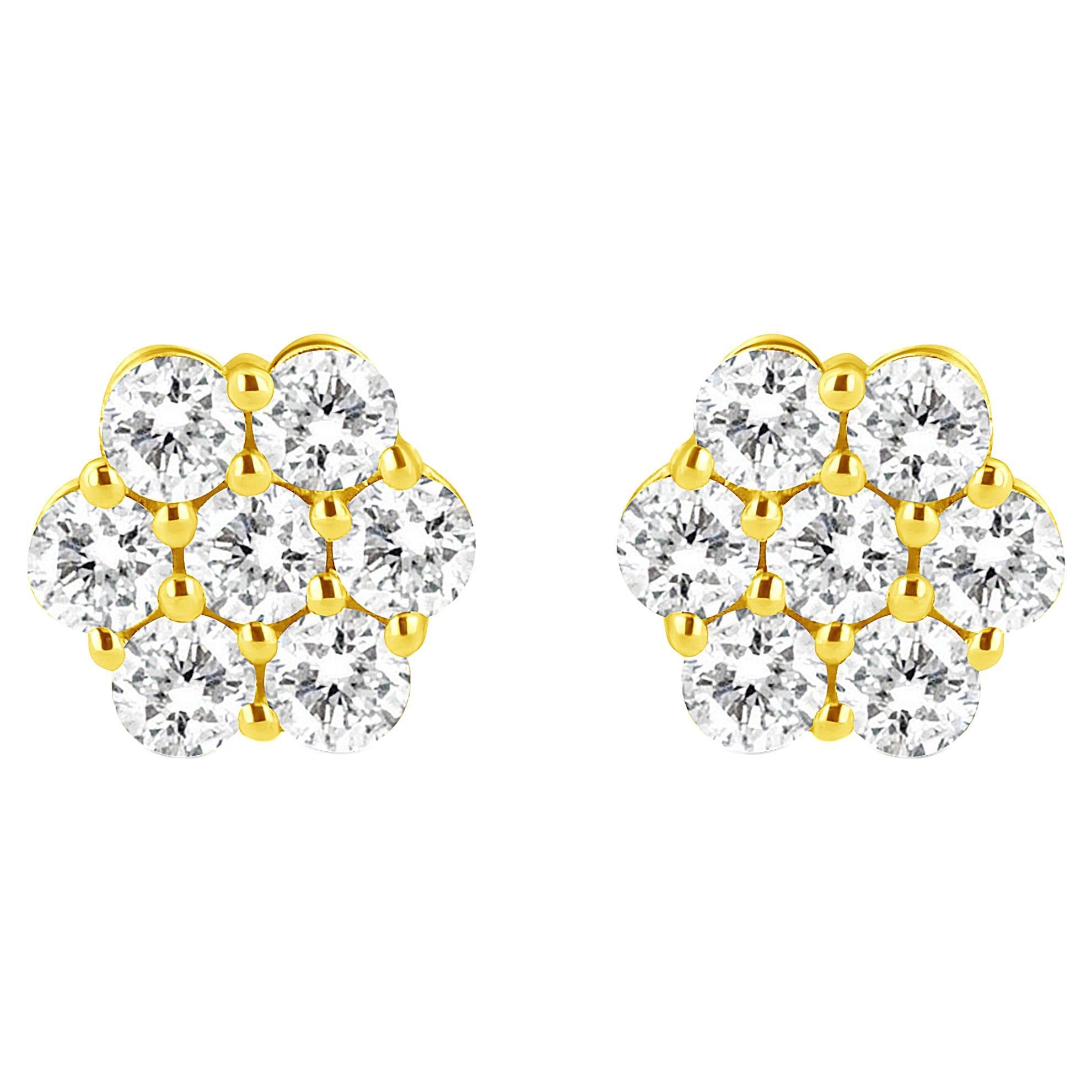 Clous d'oreilles en or jaune 14 carats avec grappe de diamants taille ronde et fleurs de 1/2 carat