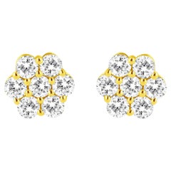 Clous d'oreilles en or jaune 14 carats avec grappe de diamants taille ronde et fleurs de 1/2 carat
