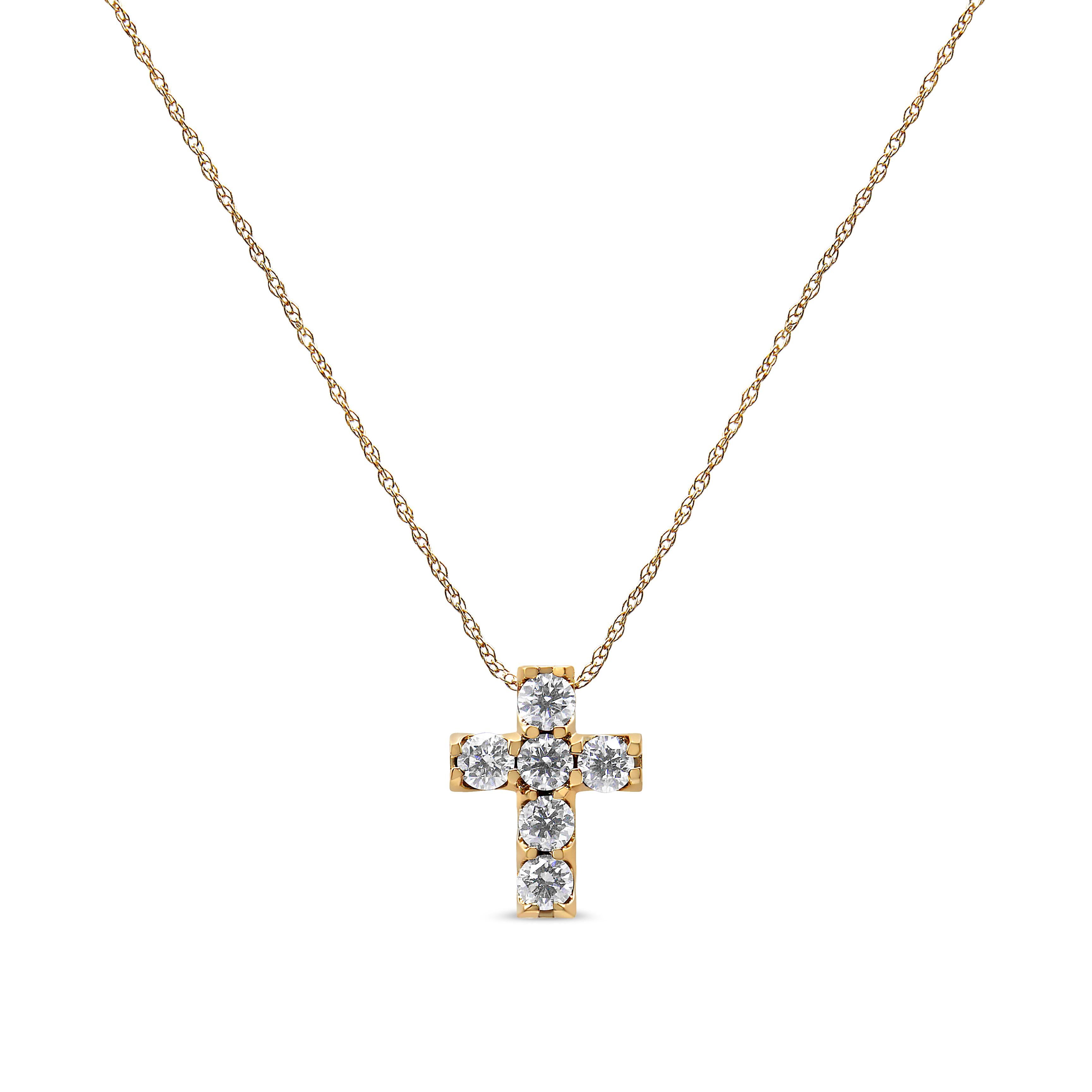 Contemporary 14K Yellow Gold 1/2 Carat Round Cut Diamond Mini Cross Pendant Necklace