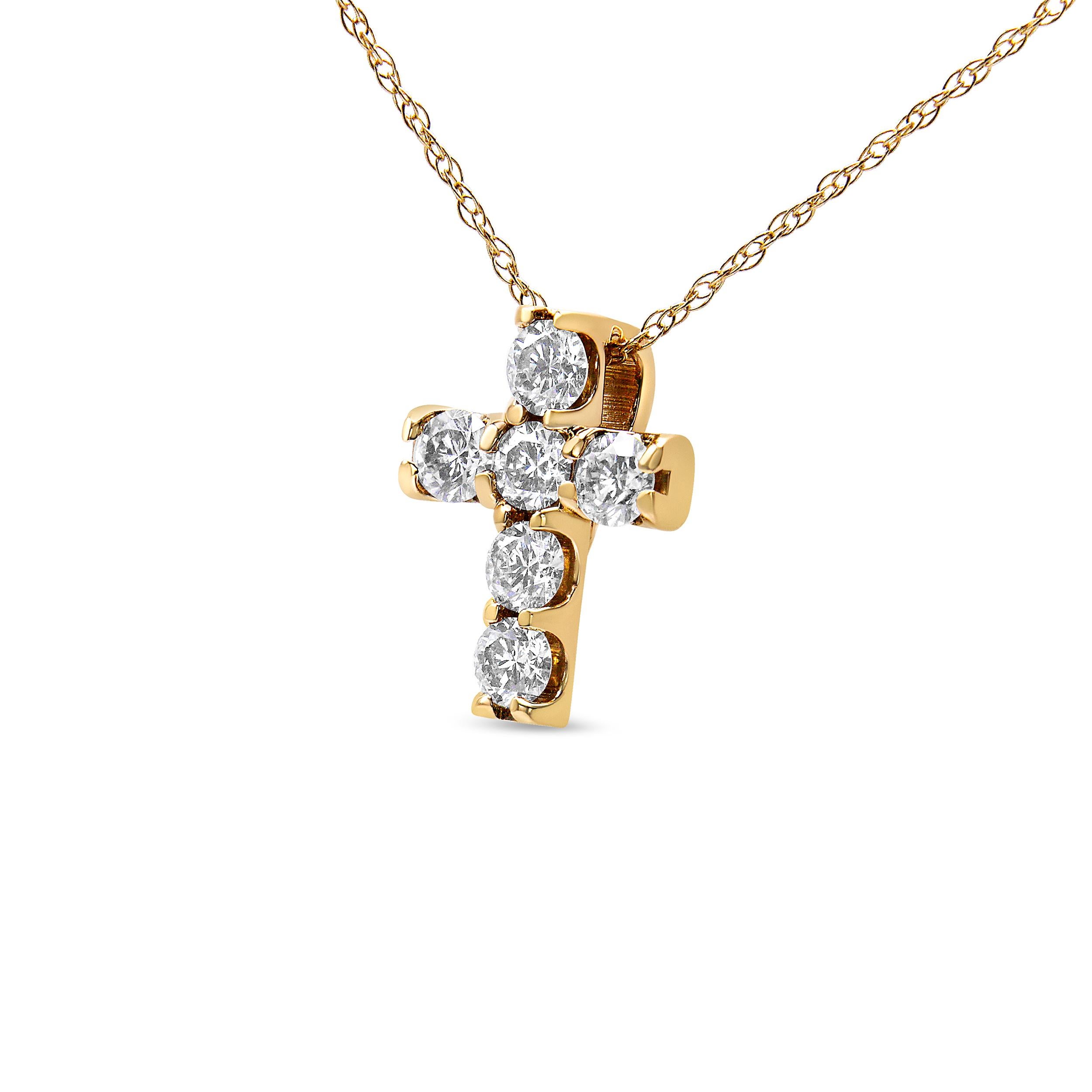 14K Yellow Gold 1/2 Carat Round Cut Diamond Mini Cross Pendant Necklace In New Condition In New York, NY