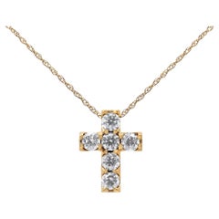 14K Yellow Gold 1/2 Carat Round Cut Diamond Mini Cross Pendant Necklace