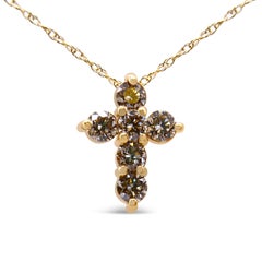 14K Yellow Gold 1/2 Carat Round-Cut Diamond Mini Cross Pendant Necklace