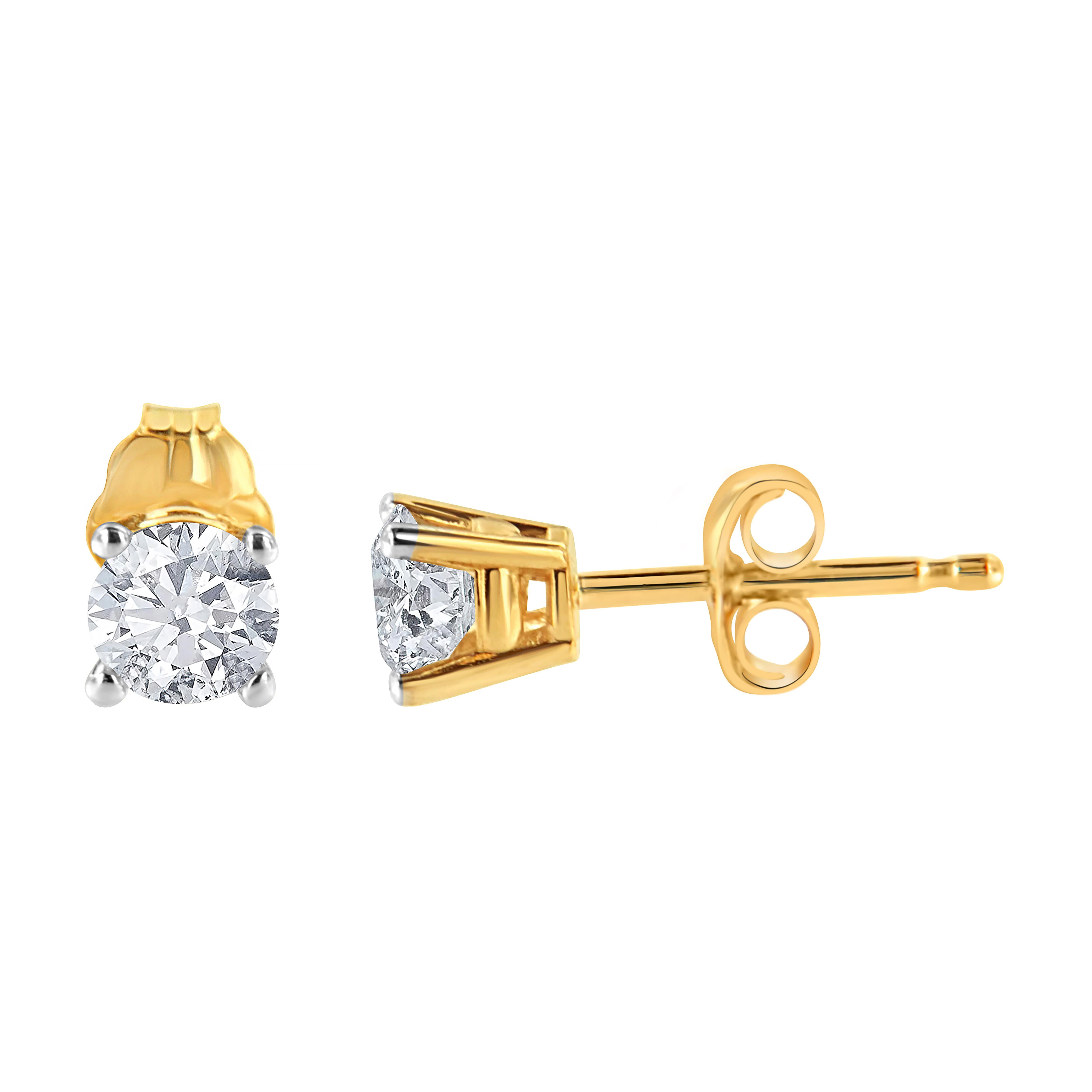 Round Cut 14K Yellow Gold 1/2 Carat Round-Cut Diamond Solitaire Stud Earrings For Sale