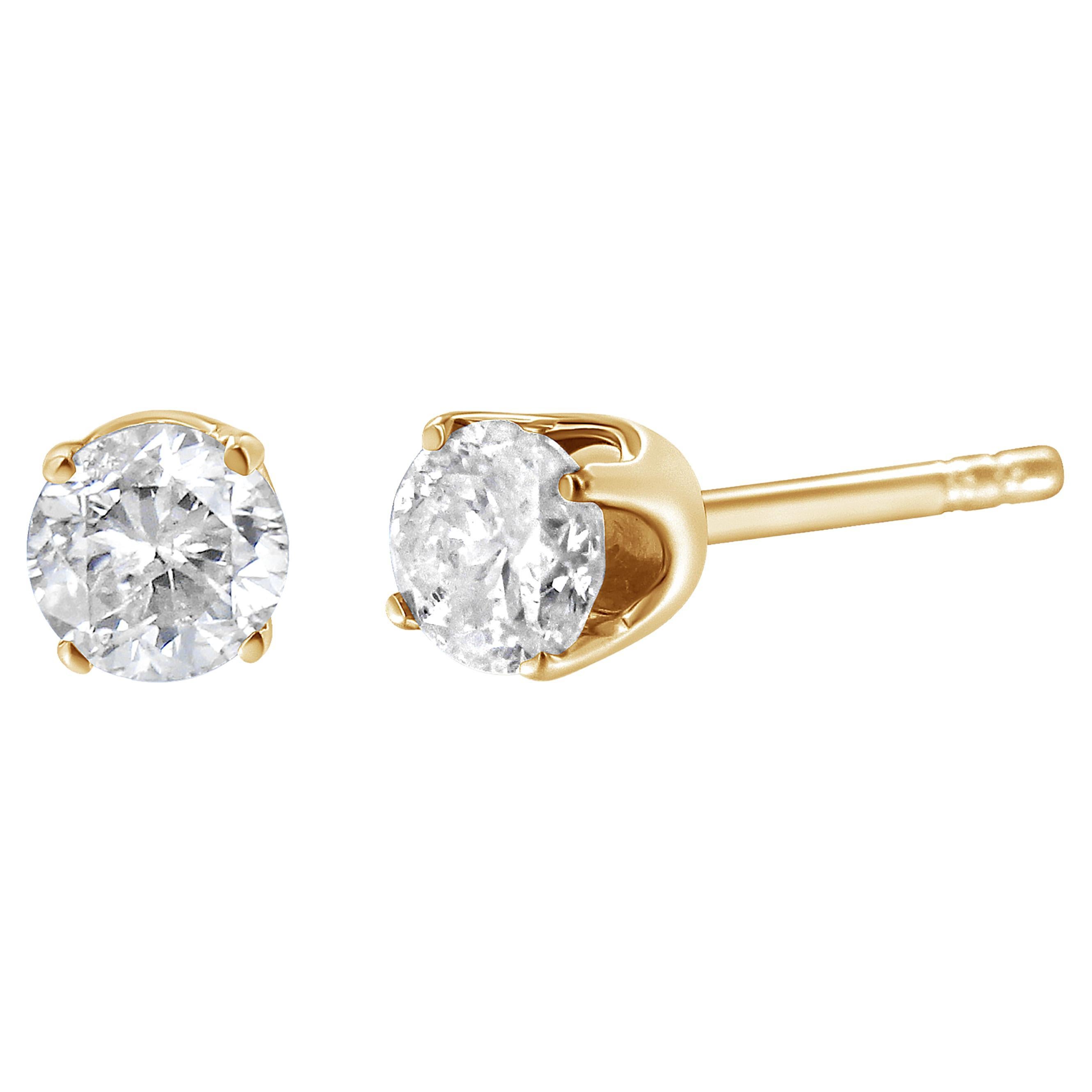 14K Yellow Gold 1/2 Carat Round-Cut Diamond Solitaire Stud Earrings For Sale