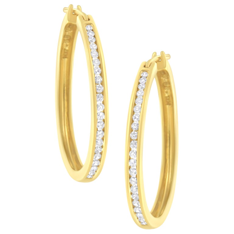 14K Yellow Gold 1/2 Carat Channel Set Diamond Classic Hoop Earrings For ...