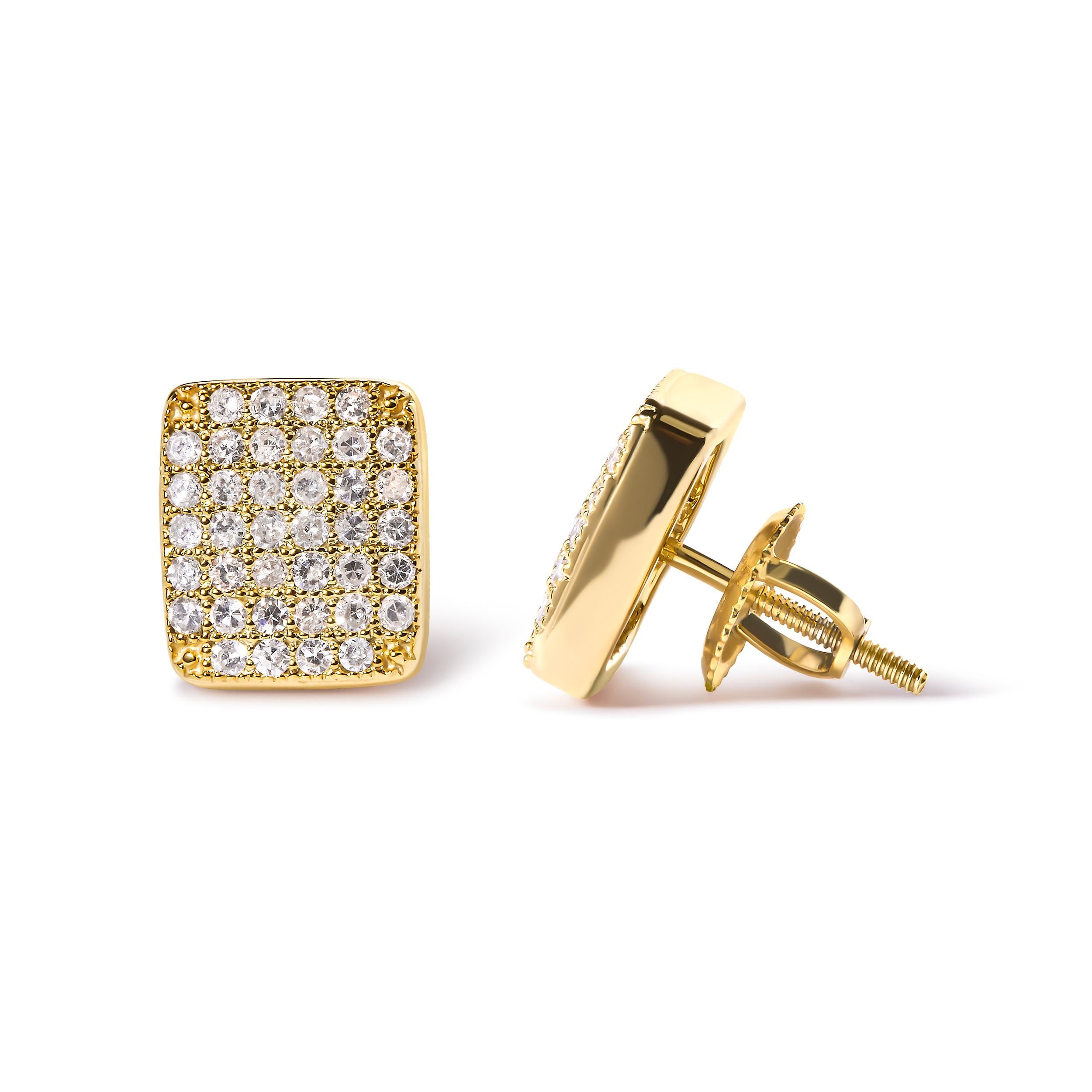 Modern 14K Yellow Gold 1/2 Cttw Diamond Square Shaped Composite Cluster Stud  Earrings For Sale