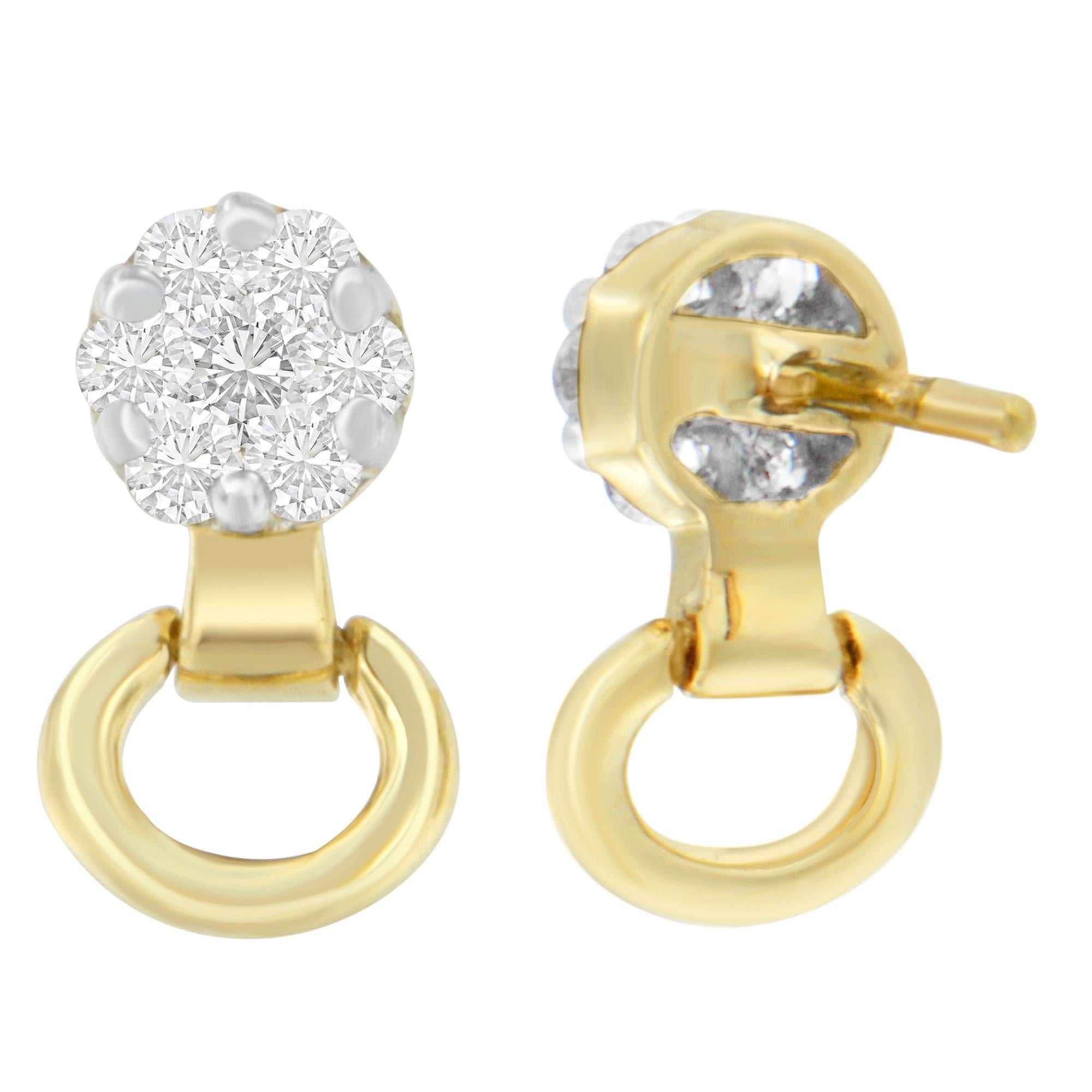These 14k yellow gold and diamond earrings exude sophistication. Prong set round-cut diamonds crown a timeless loop design reminiscent of the equestrian set. Polished to a gleam, each earring comes with a push back finding for a secure, custom