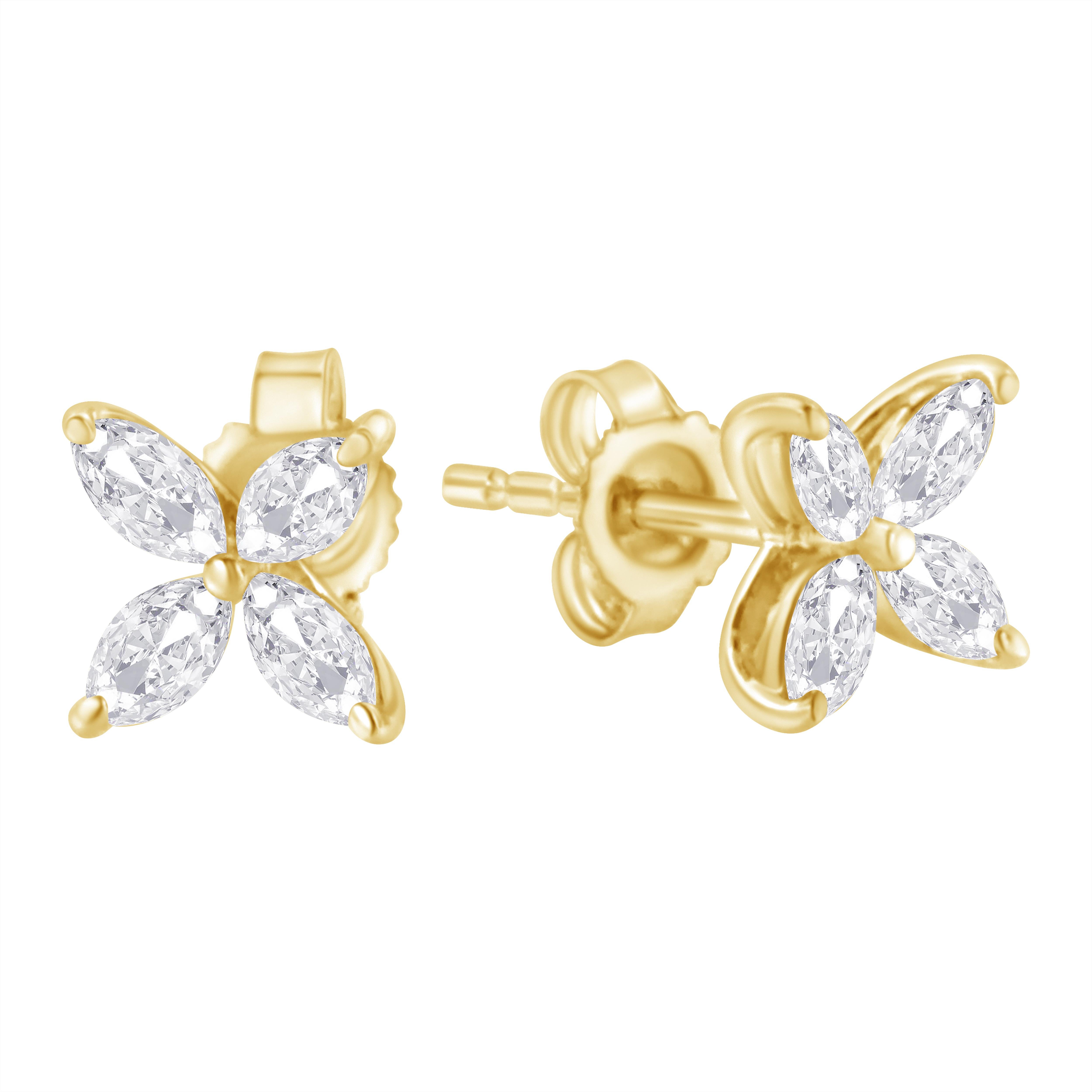 The classic arrangement of 8 stunning, earth mined marquise diamonds make these studs an instant classic. These studs are crafted out of stunning 14k yellow gold and set with 8 high-quality, genuine marquise diamonds in a floral arrangement. The