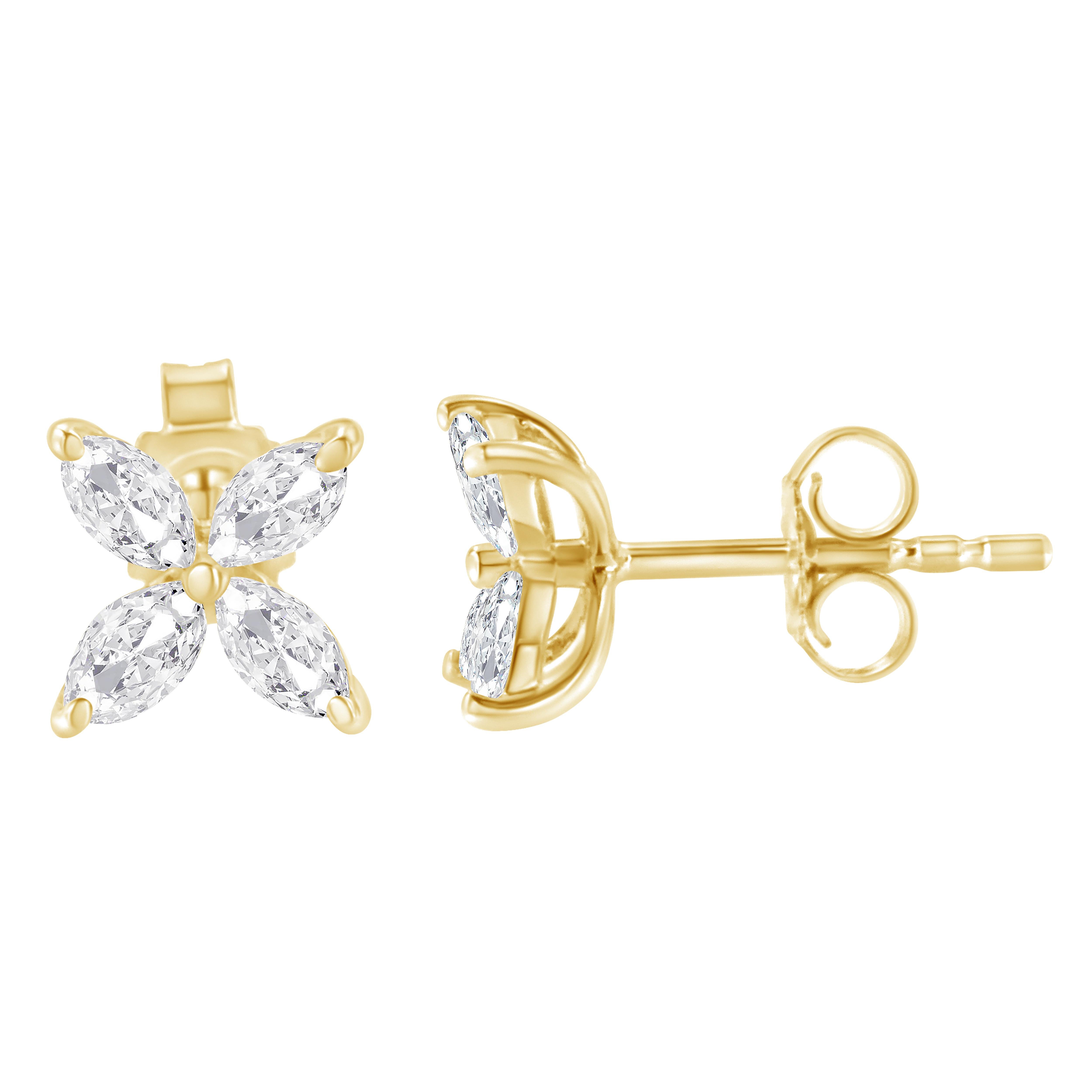 Modern 14K Yellow Gold 1/2 Cttw Marquise Diamond 8 Stone Floral Leaf Stud Earrings For Sale