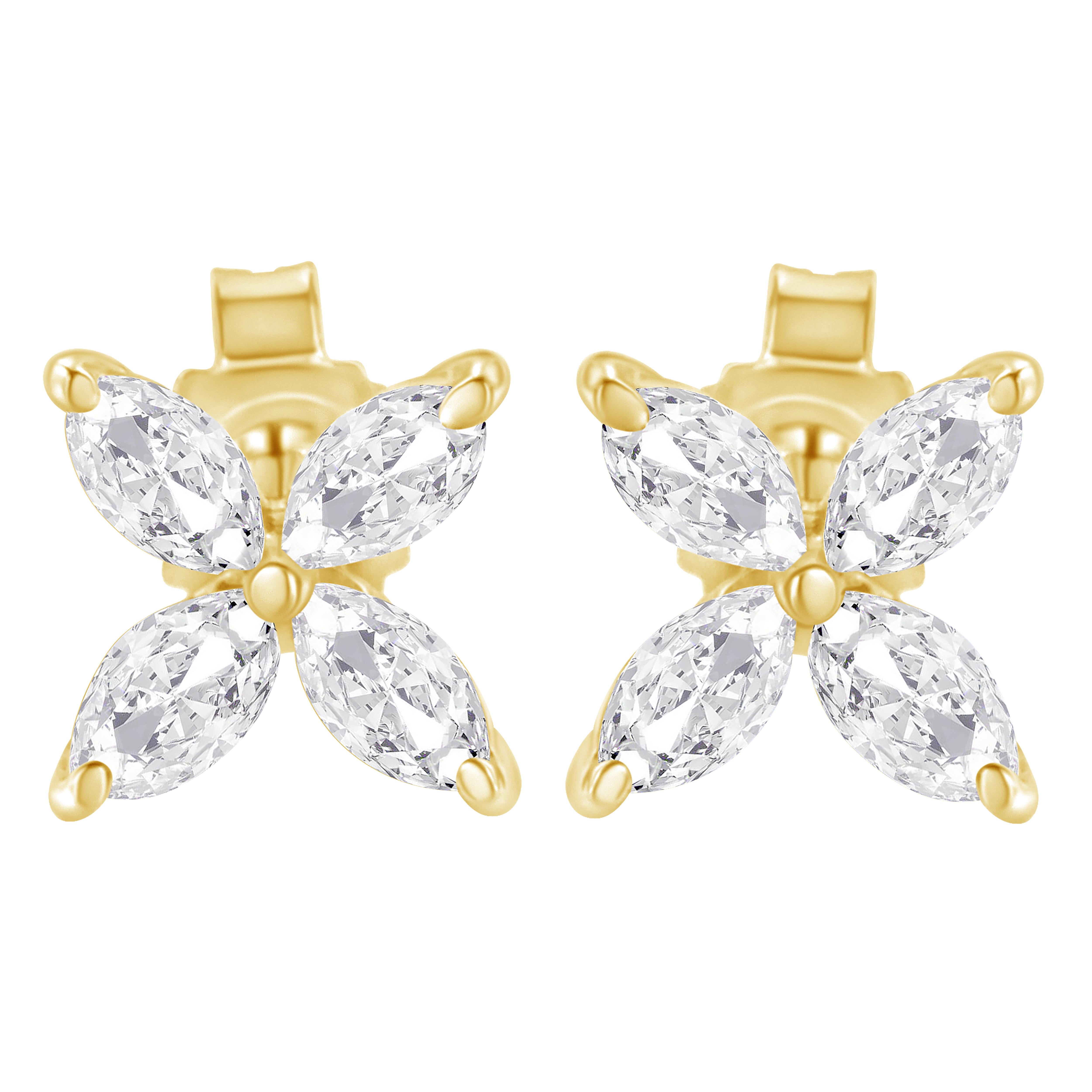 Marquise Cut 14K Yellow Gold 1/2 Cttw Marquise Diamond 8 Stone Floral Leaf Stud Earrings For Sale