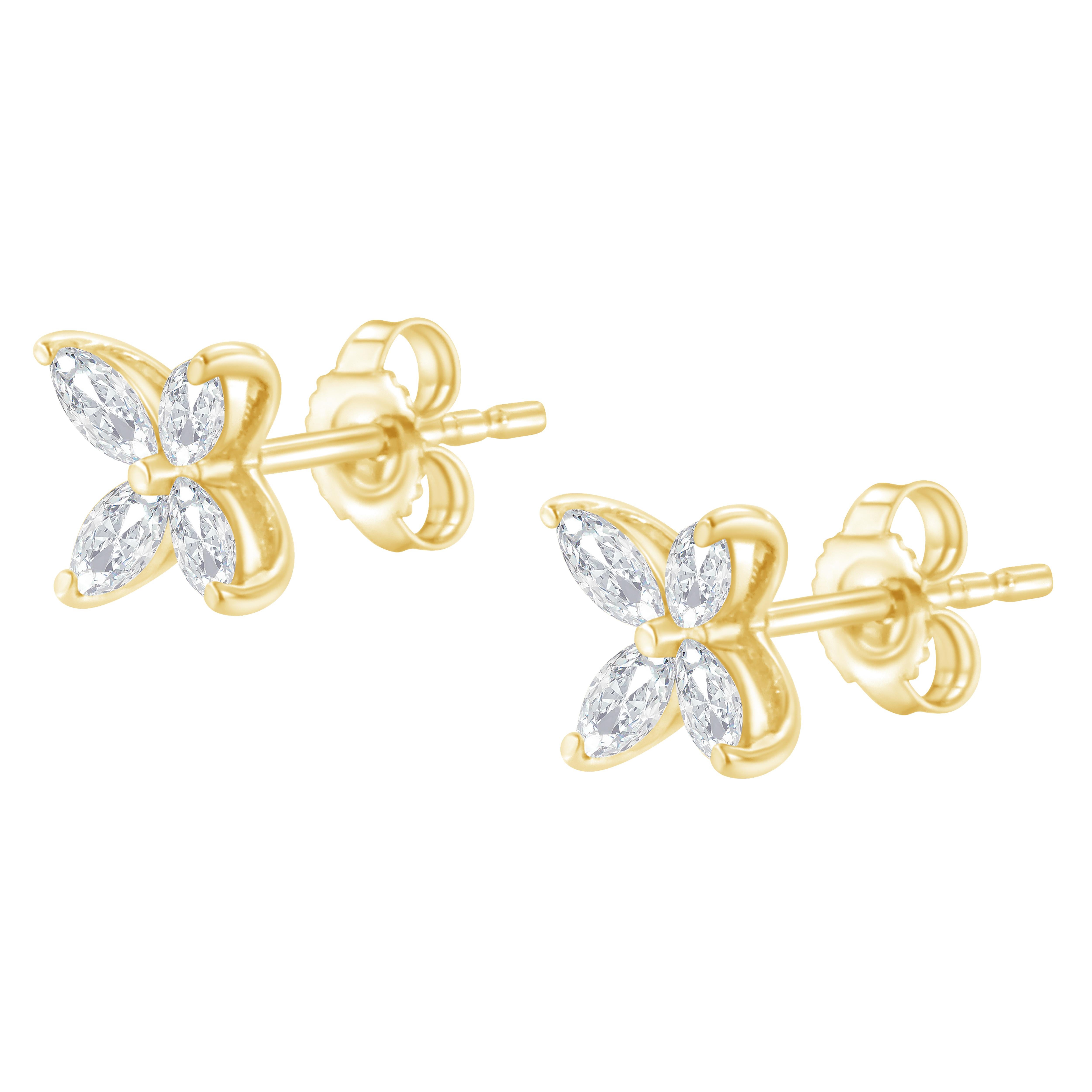 14K Yellow Gold 1/2 Cttw Marquise Diamond 8 Stone Floral Leaf Stud Earrings In New Condition For Sale In New York, NY