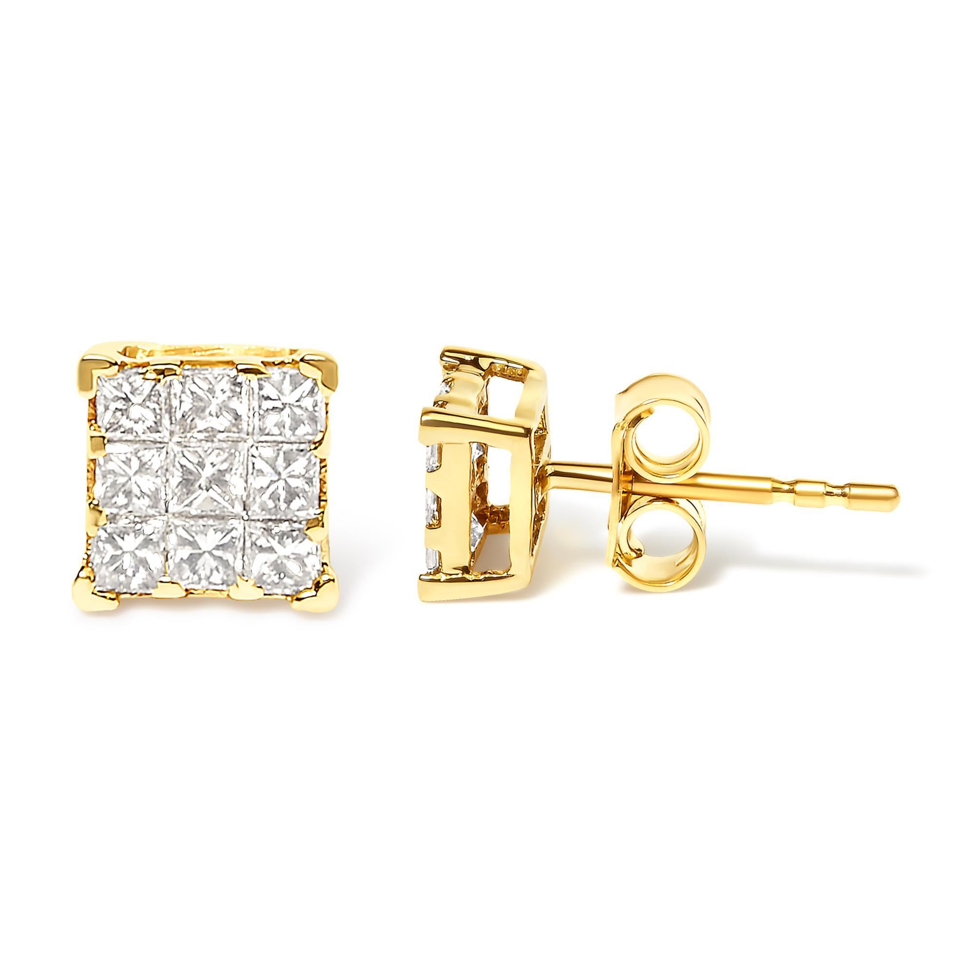 Moderne Boucles d'oreilles carrées à 9 pierres en or jaune 14K avec 1/2 Cttw de diamant taille princesse en vente