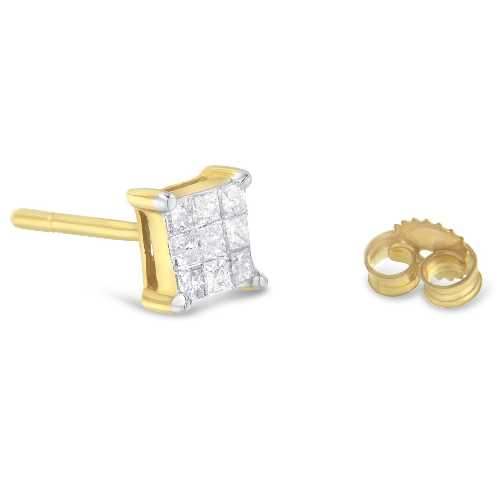 Taille princesse Boucles d'oreilles carrées à 9 pierres en or jaune 14K avec 1/2 Cttw de diamant taille princesse en vente