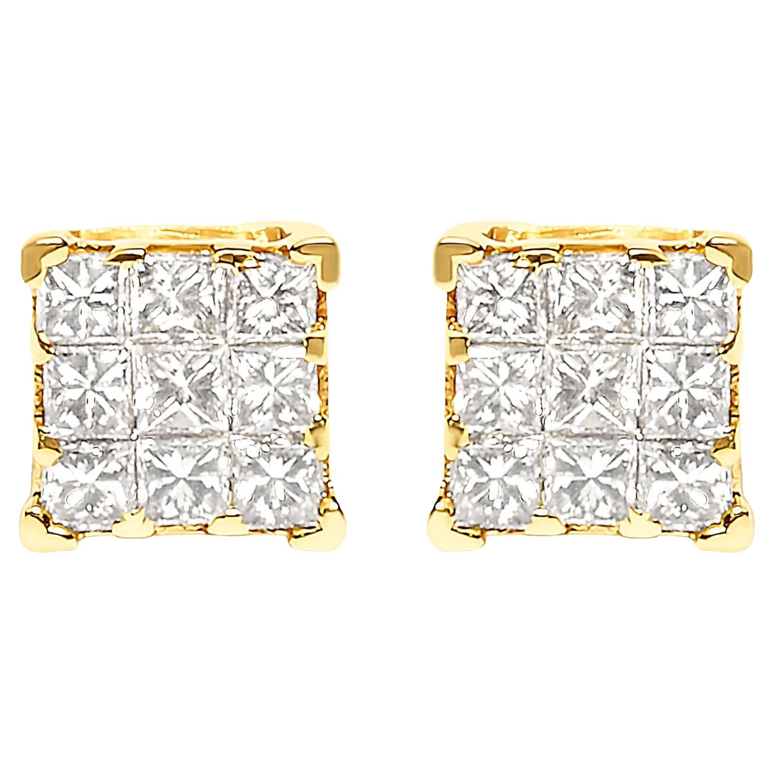 14K Yellow Gold 1/2 Cttw Princess-Cut Diamond 9 Stone Square Stud Earrings
